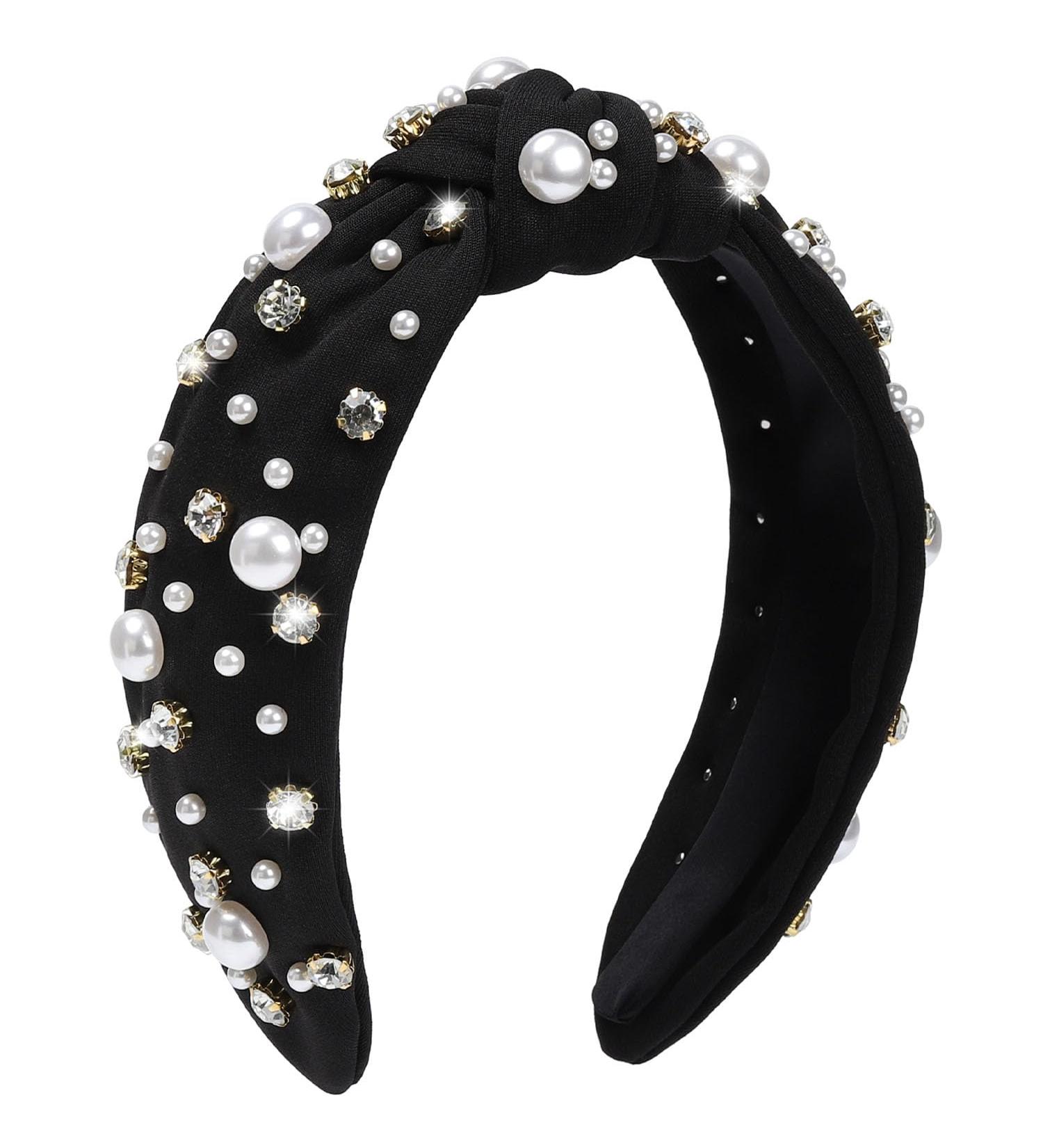 WantGor Pearl Knotted Headband Women Rhinestone Embellished Hairband Elegant Wide Top Knot Bride Headbands Headpieces Party Fashion Elegant Ladies Hair Band Hair Hoop Accessories (Black) - Buy Online on GoSupps.com