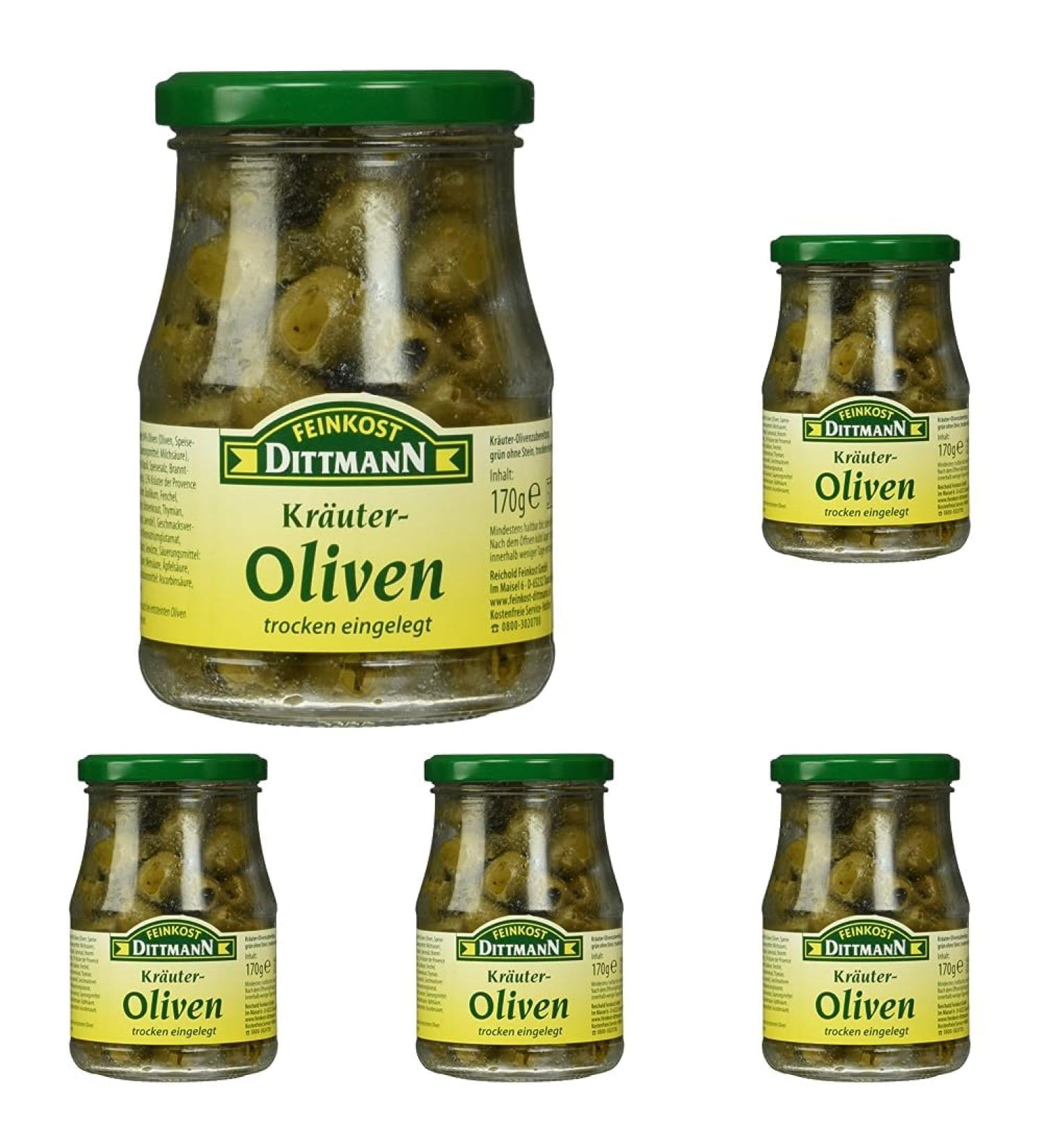 Feinkost Dittmann herbal olives green without stones 170g (pack of 5) 1 170 g (pack of 5)