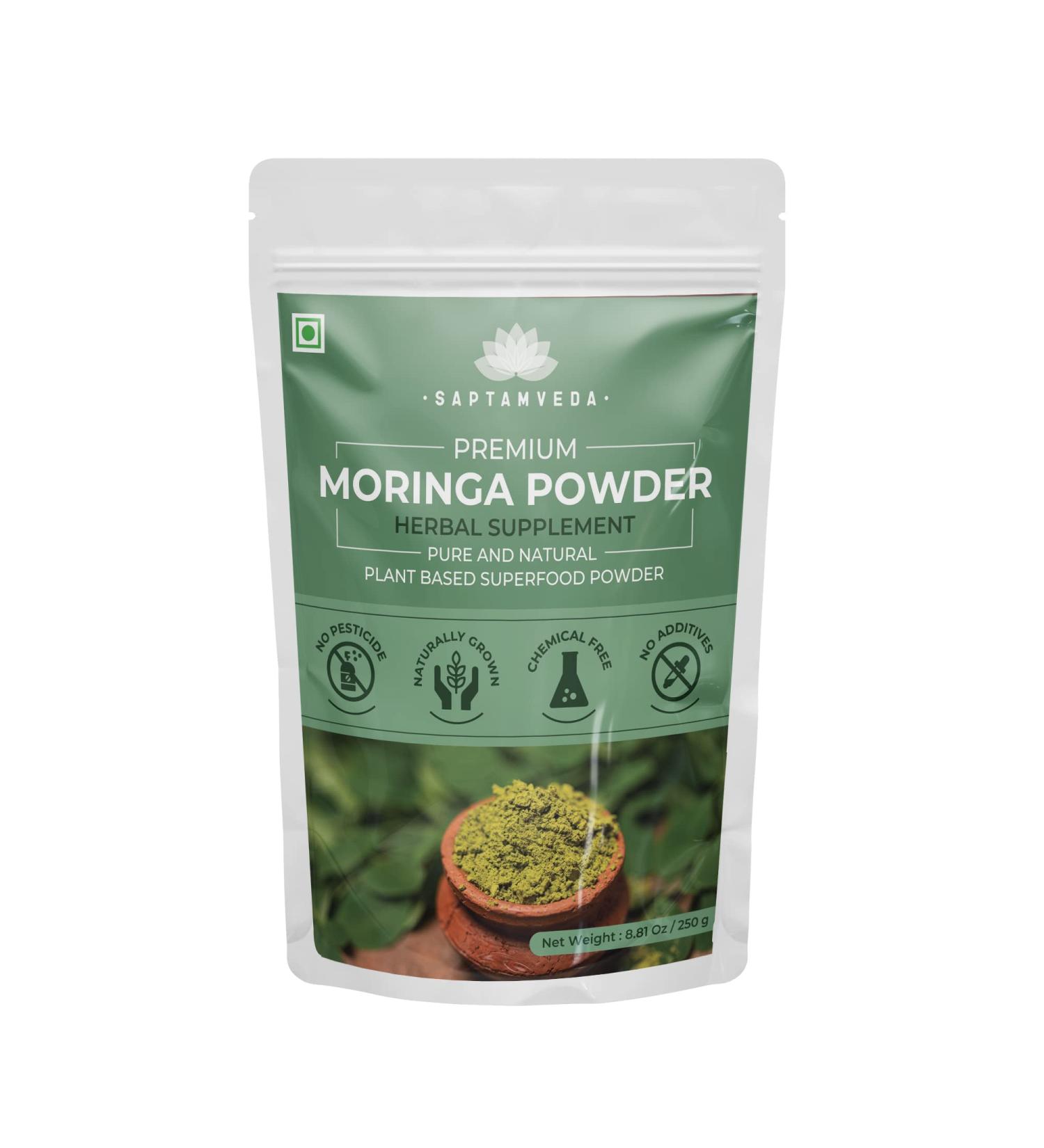 SAPTAMVEDA Premium Moringa Leaf Powder 8.81 Oz/250 Gm - Natural Multi-Vitamin from India Farms - Buy Online on GoSupps.com