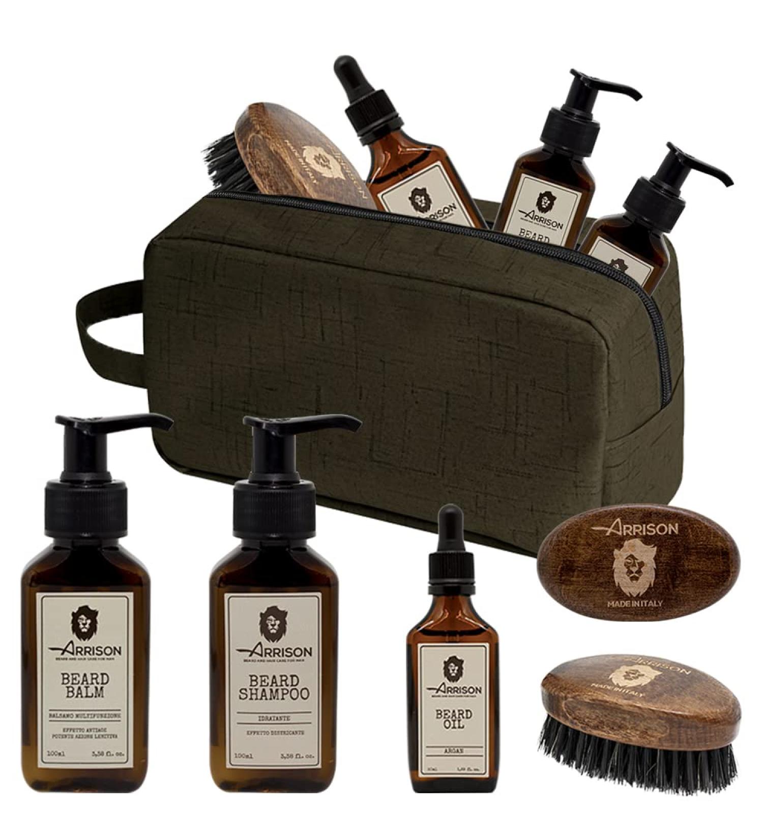 Arrison Beard Kit Made in Italy | 4-Part Beard Set with Birchwood Box Shampoo Conditioner Wax Beard Oil Comb & Brush - Buy Online on GoSupps.com