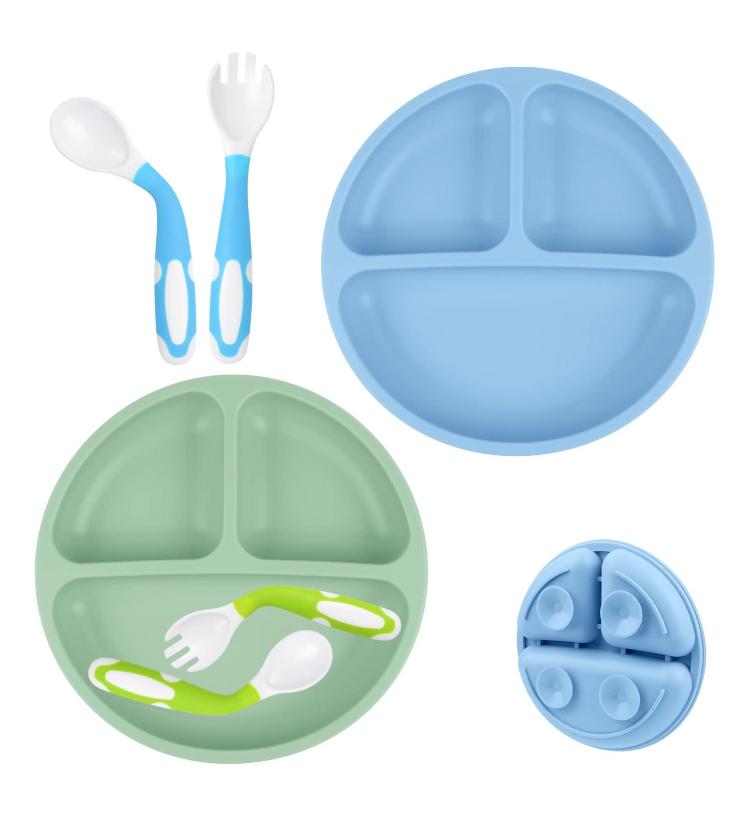 Vicloon Silicone Suction Baby Plates - Non-Slip Self Feeding Divided Plate Set for Toddlers | 2Pcs | Fits Most Highchairs Trays | Grey Blue/Green - Buy Online on GoSupps.com