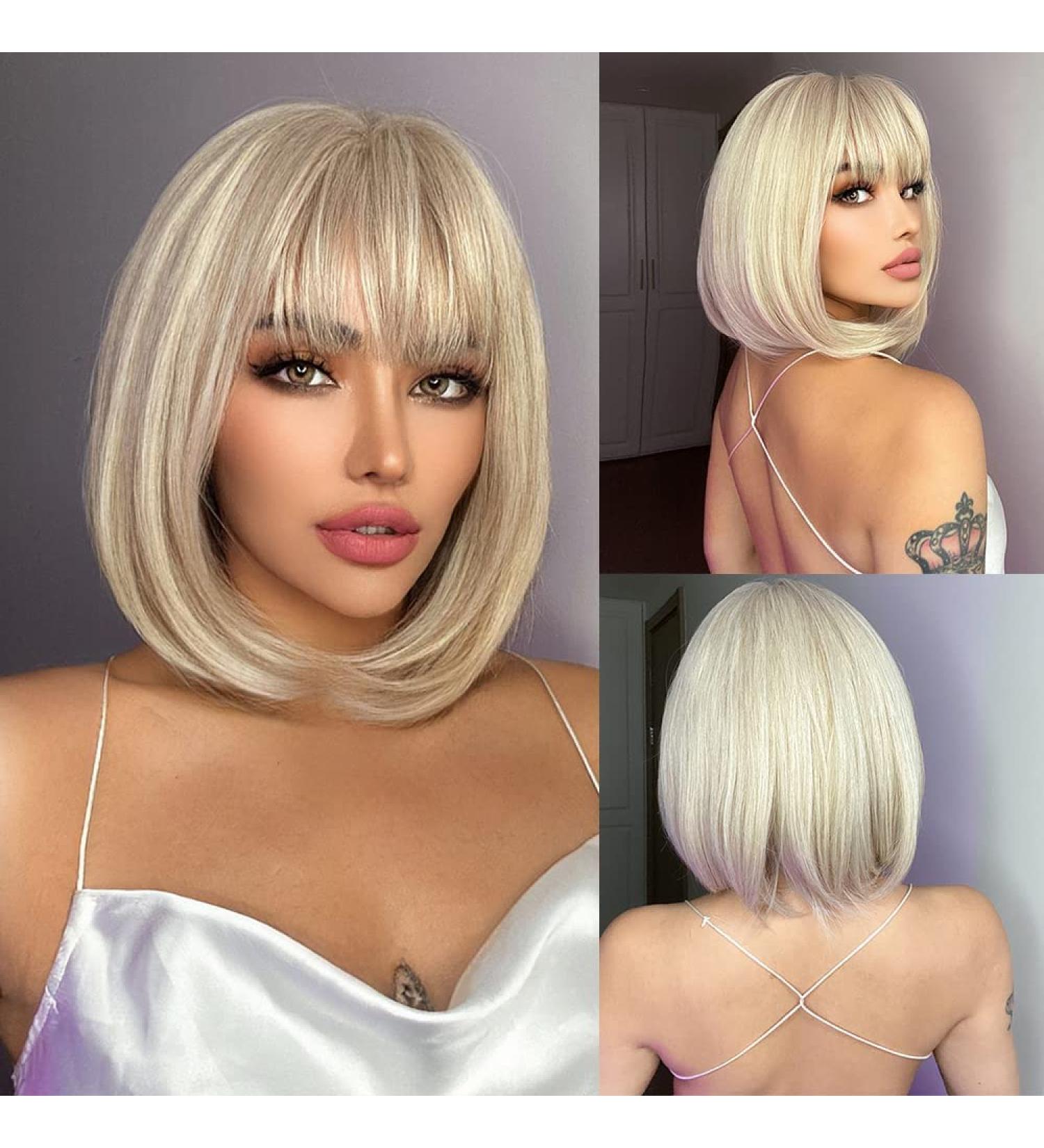 Platinum Blonde Bob Wig with Bangs - 12 Inch Heat Resistant Synthetic Wig for Daily & Party Wear - Buy Online on GoSupps.com