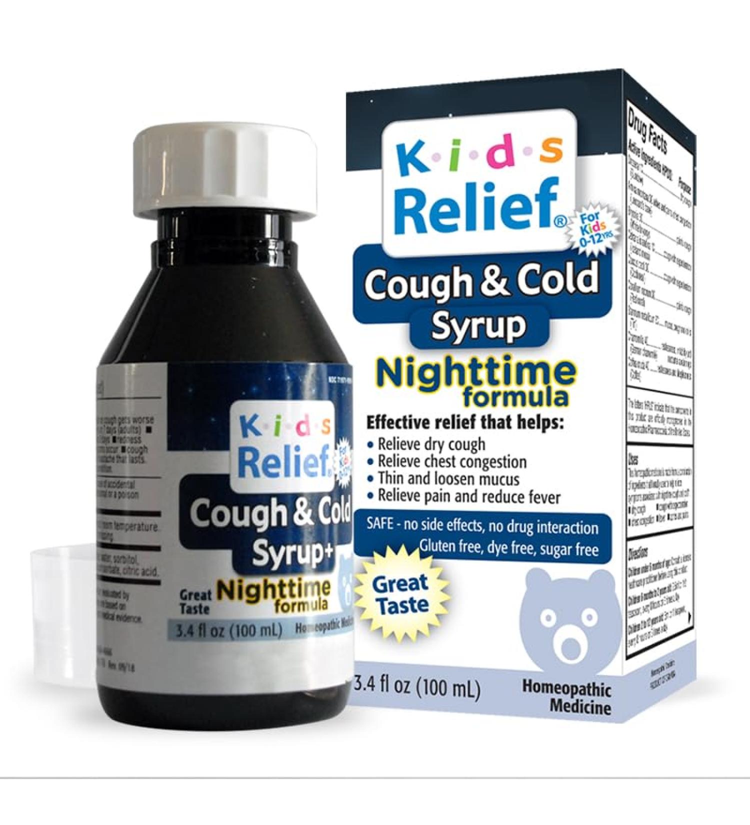 Kids Relief Cough & Cold Syrup, Relaxing Nighttime Formula for Kids 0-12, for Dry and Productive Cough, Caramel Flavor, Dye Free, No Added Sugar, 3.4 Fl Oz (Pack of 1) - Buy Online on GoSupps.com