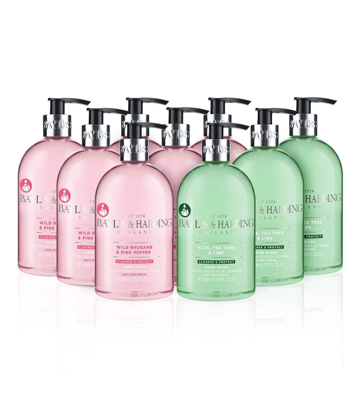 Baylis & Harding Anti-Bacterial Hand Wash Bundle - 9 Bottles, Rhubarb & Pink Pepper/Aloe Tea Tree & Lime, Vegan Friendly - 6 x 500ml + 3 x 500ml - Buy Online on GoSupps.com