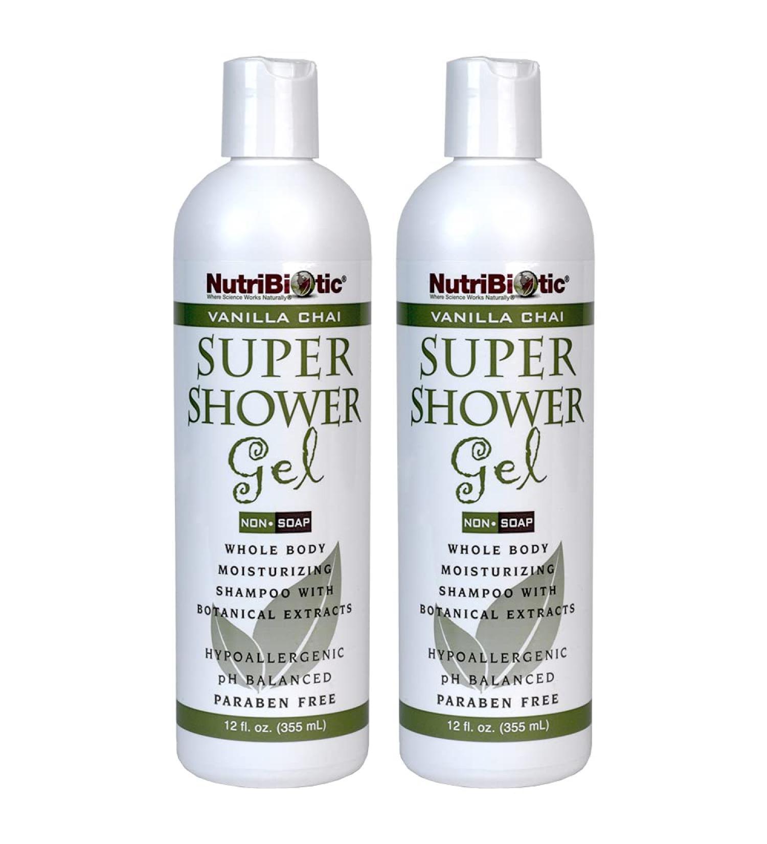 NutriBiotic Vanilla Chai Super Shower Gel 12 Oz Twin Pack | Whole Body Shampoo with GSE & Botanical Extracts | pH Balanced Non-Soap & Free of Gluten Parabens Sulfates Dyes & Colorings
