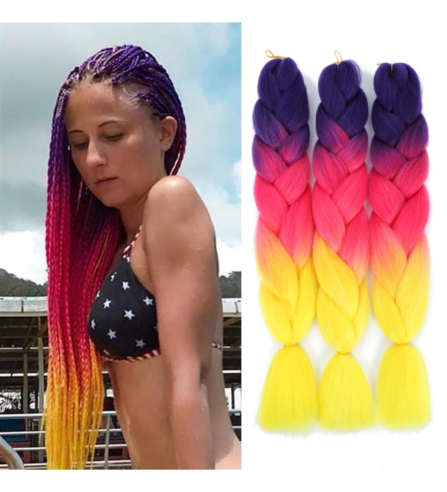 Buy Fanvalfyu 3-Pack Ombre Braiding Hair Extensions | 24 Inch Kanekalon Jumbo Synthetic Hair for Crochet Twists - Purple-Rosa-Yellow - Buy Online on GoSupps.com