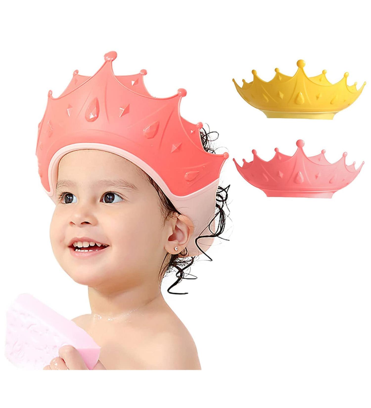 Funupup Adjustable Shower Hood for Kids - Crown Shape Hair Wash Shield Baby Visor for Eyes & Ears Pink & Yellow Dinosaurs - 2 Pieces - Buy Online on GoSupps.com