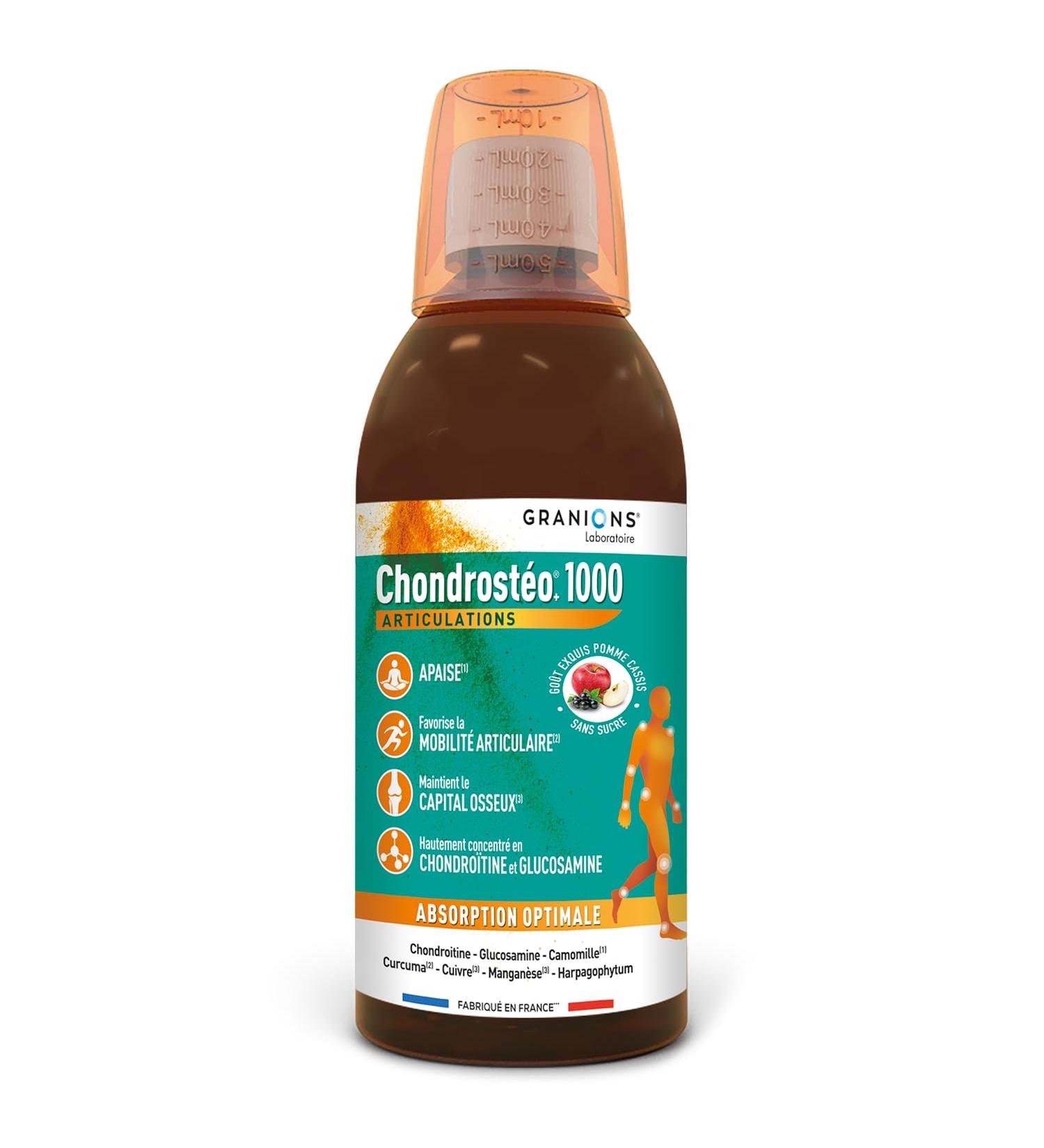 Granions Chondrosteo + 1000 Joints Liquid - 500 ml - Glucosamine Chondroitin Turmeric Copper Harpagophytum Manganese Chamomile - Triple Action: Soothes Joint Mobility and Bone Capital - Buy Online on GoSupps.com