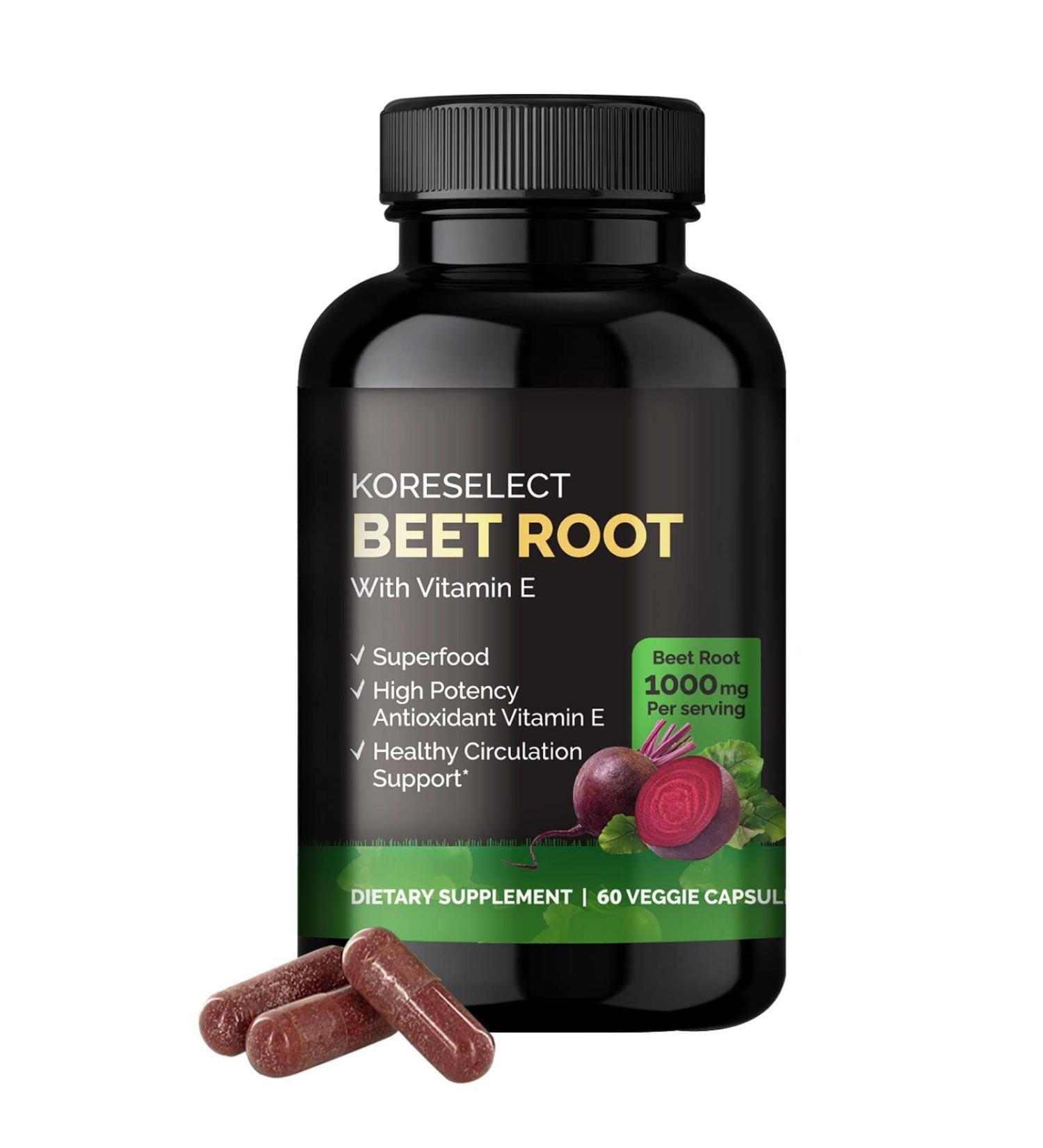 KORESELECT Beet Root 1000mg Capsules with Vitamin E - Nitric Oxide Supplement for Blood Circulation, Antioxidants, Immune Support & Athletic Performance - 60 Vegan Caps for Women and Men - Buy Online on GoSupps.com