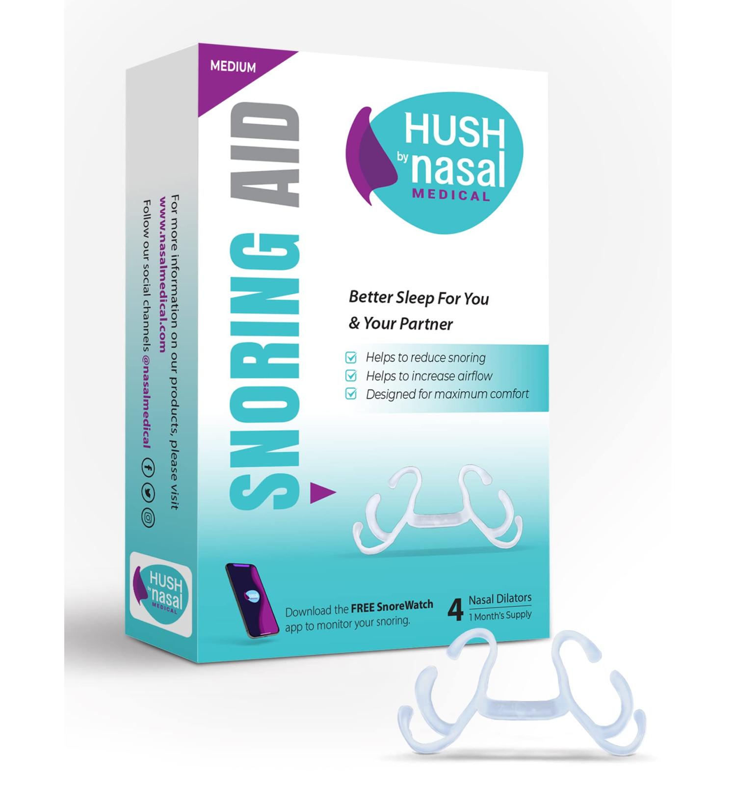 Hush Anti Snore Devices - Stop Snoring for Better Sleep | Nasal Dilator Sleeping Aid for Increased Airflow | Easy to Use Snoring Aids for Comfy Breathing | 1 Month Supply (Medium Size) - 4 Pack - Buy Online on GoSupps.com