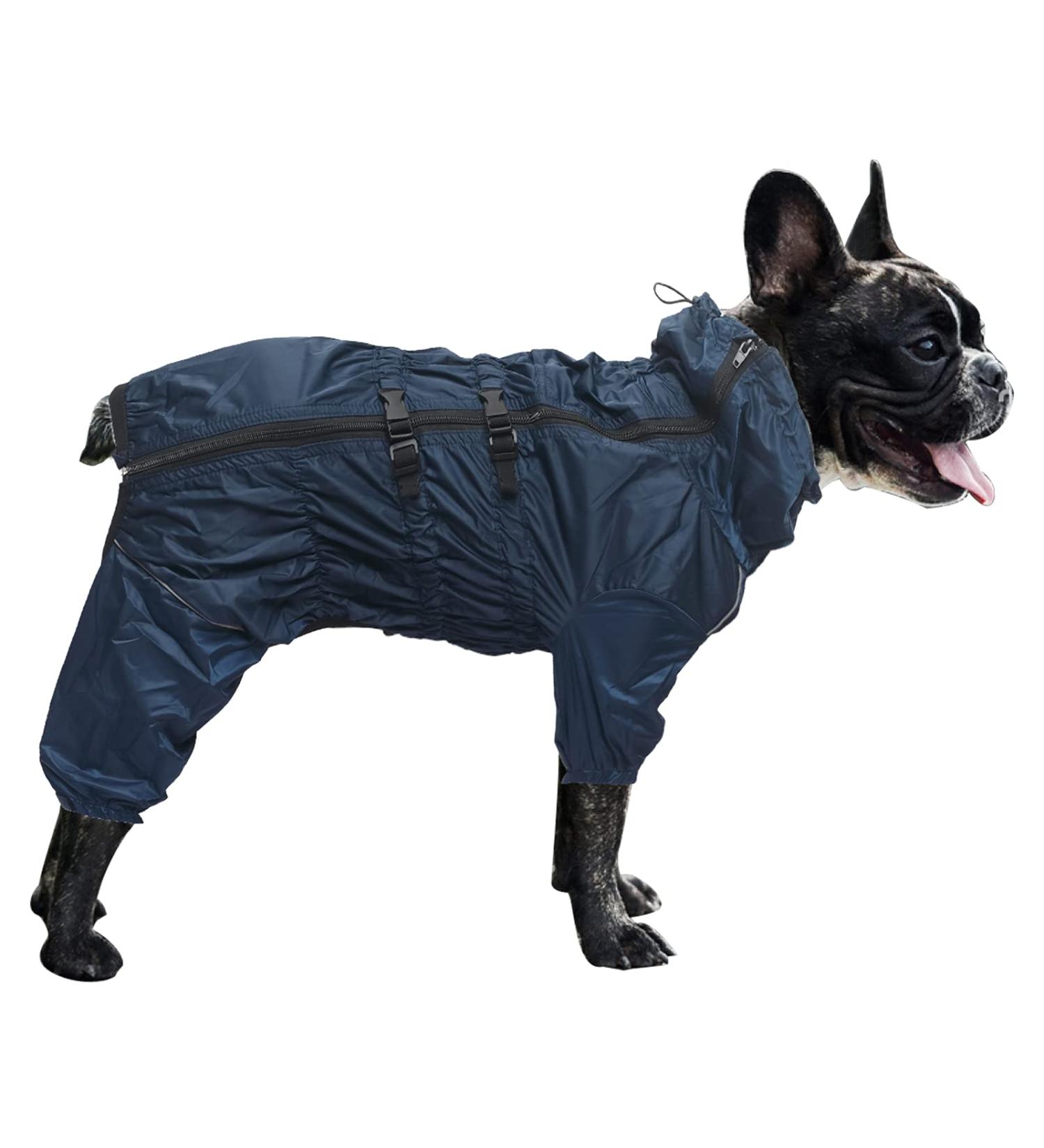 Minezi High Collar Waterproof Dog Raincoat Set - Reflex Stripes & Zippers - Navy Blue XXL (Back Length: 51-54cm) - Perfect for All Dog Breeds - Buy Online on GoSupps.com