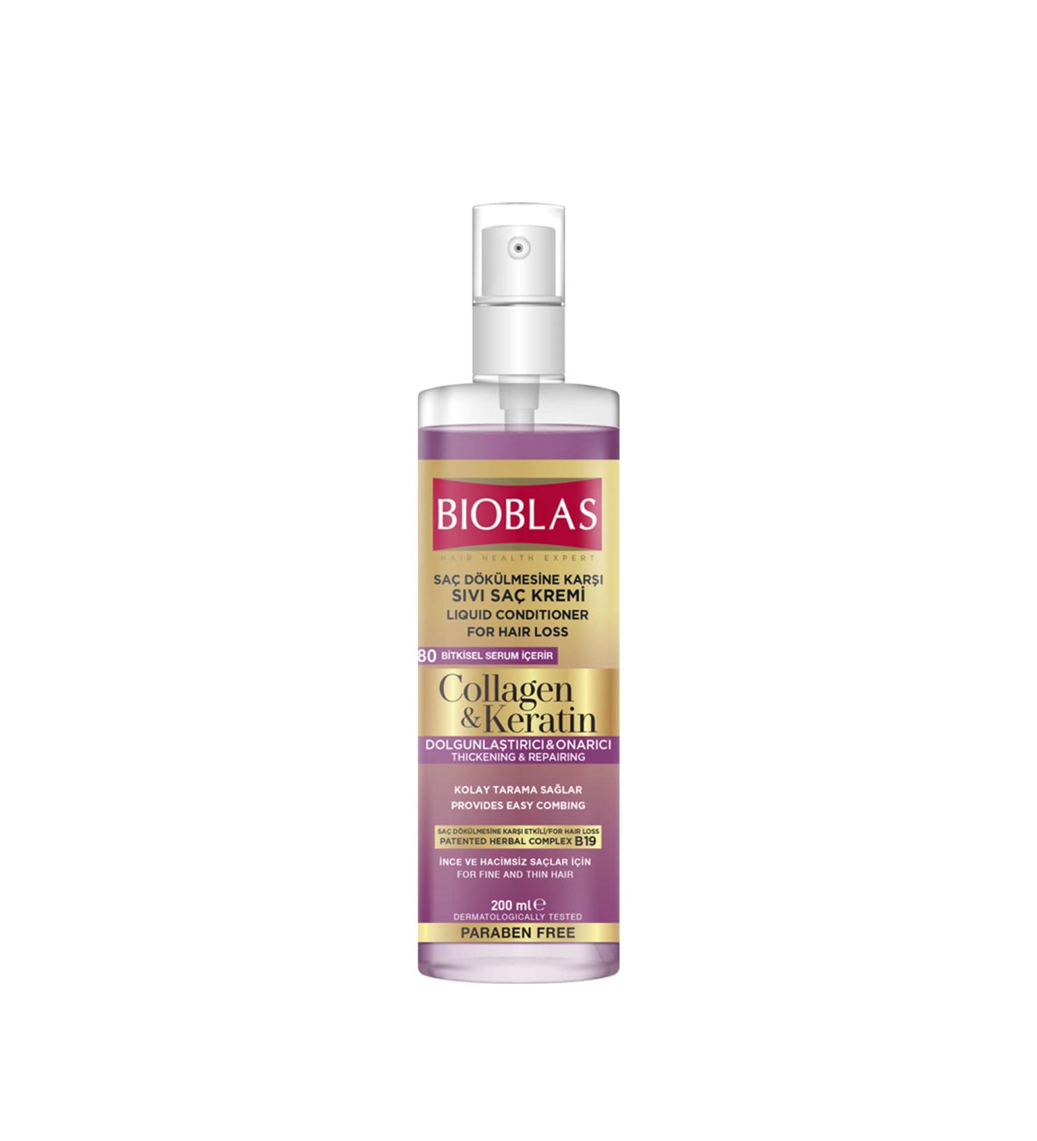 BIOBLAS Collagen + Keratin Liquid Conditioner Spray - Makes hair smooth effective against hair loss 200 ml