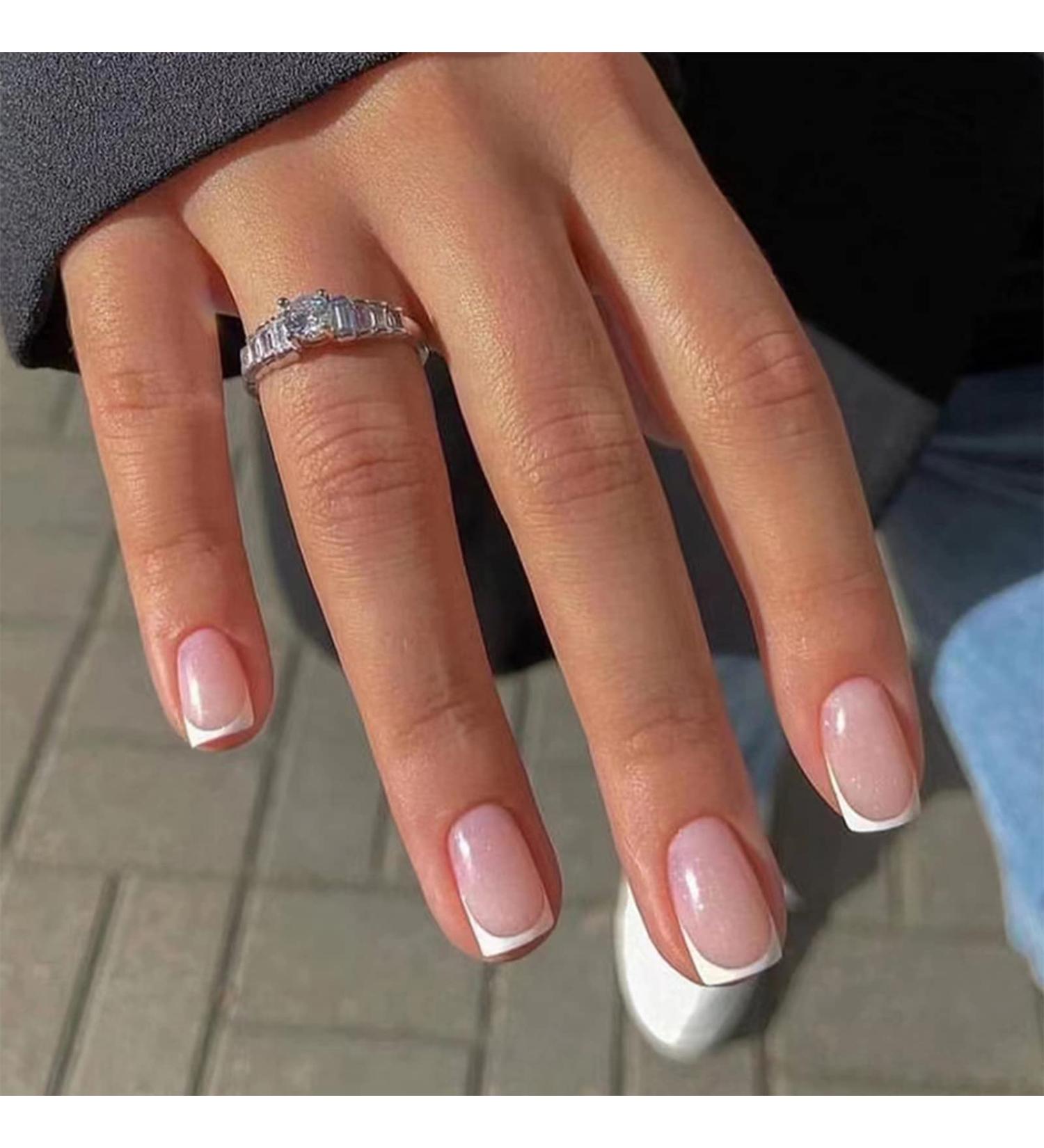 QINGGE Pink Glitter French Tip Press on Nails - 24Pcs Short Square Fake Nails for Women - Buy Online on GoSupps.com