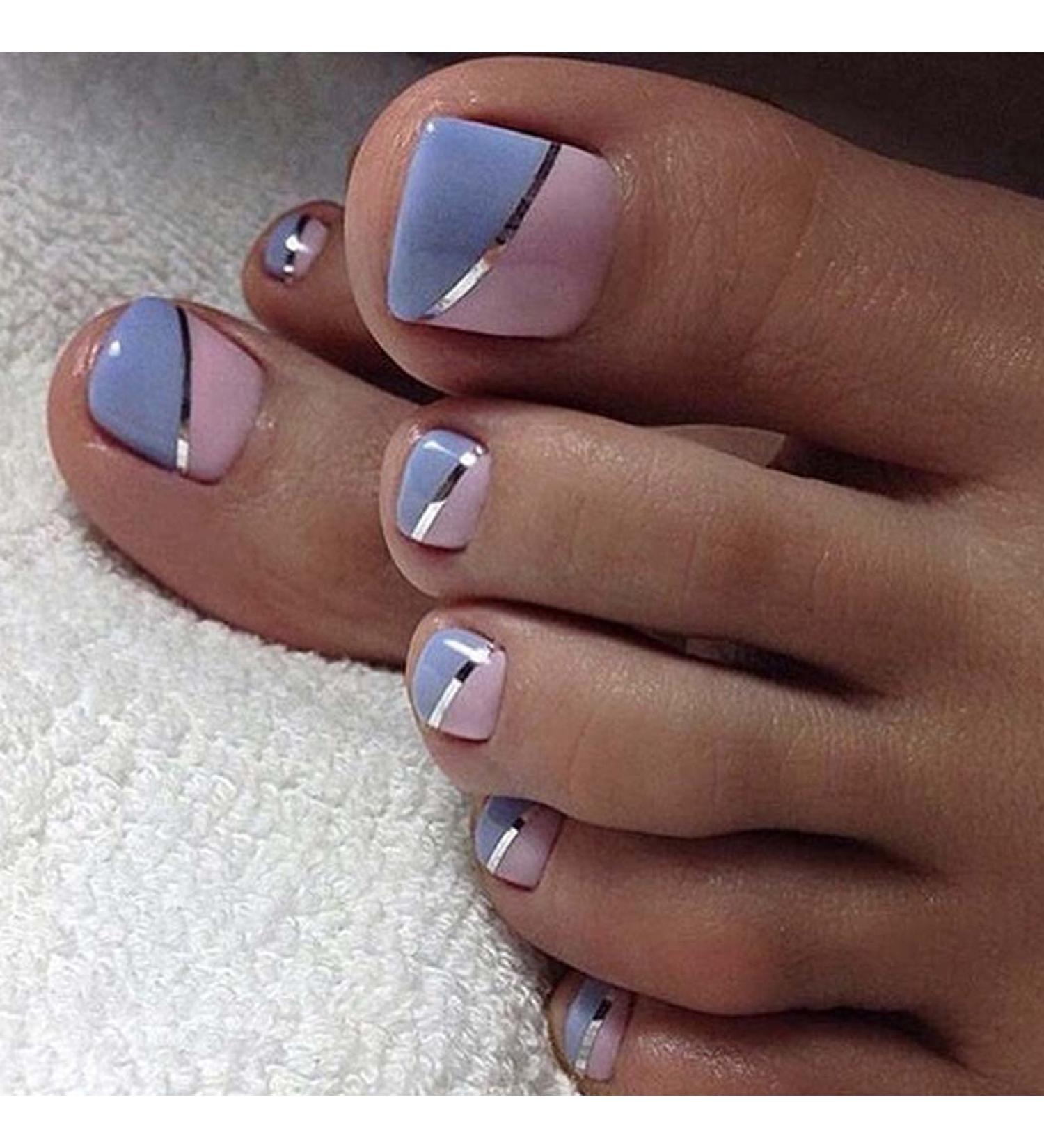 Square Glossy Acrylic Fake Toe Nails 24pc Set for Women & Girls - Blue & Pink - Buy Online on GoSupps.com