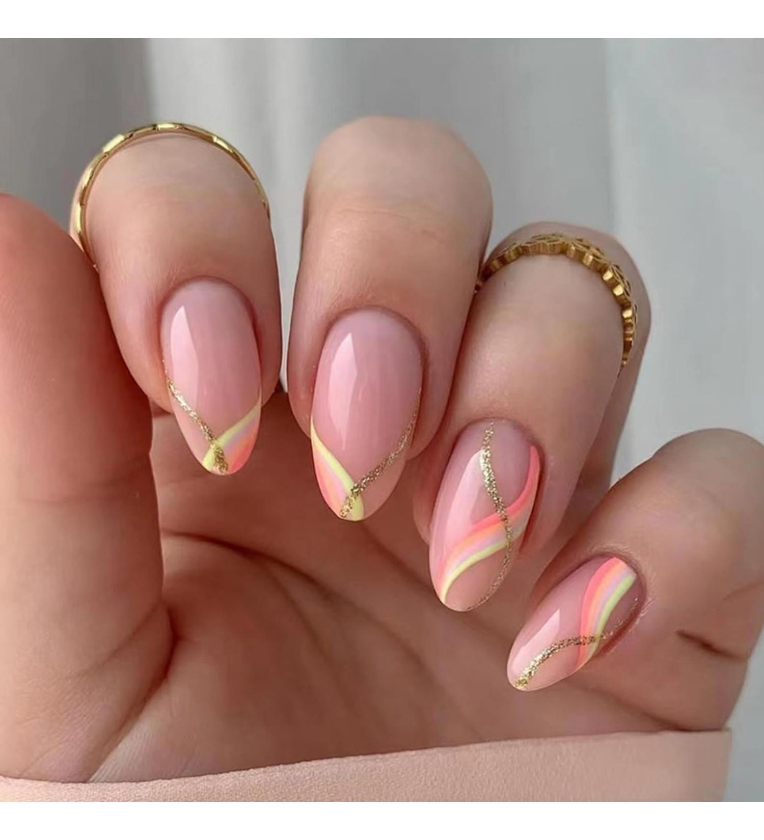 24pcs French False Nails Short - Almond Square Press On Nails - Pink Glitter Swirl Stick On Nails with Glue - Full Cover Acrylic Nails for Women - Buy Online on GoSupps.com