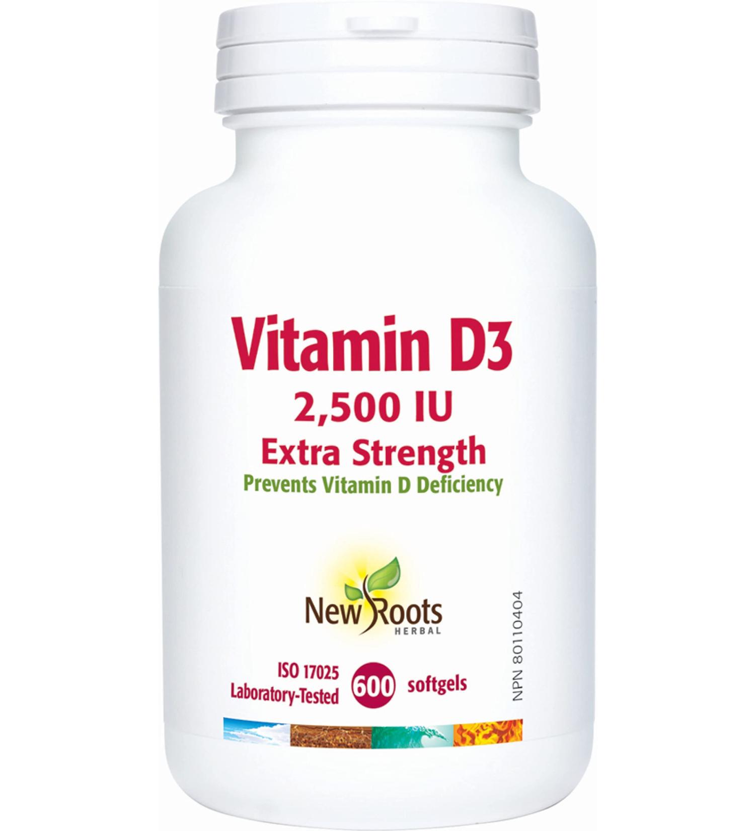 New Roots Herbal - Vitamin D3 2500 IU Extra Strength 600 Softgels - Helps to Prevent Vitamin D Deficiency - Helps in the Development and Maintenance of Bones and Teeth - Support Immune Function 600 count (Pack of 1) 2500 IU - Buy Online on GoSupps.com
