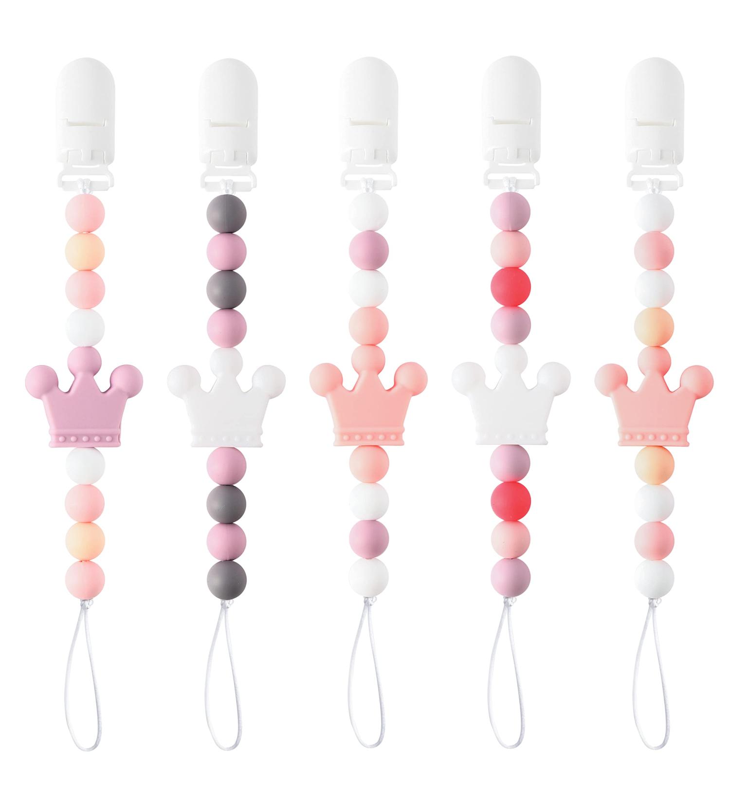 QIMGIC 5pcs Crown Pacifier Clip Teether for Girls - Cute Teething Soothie Toy with Clips | Baby Shower Gift - Buy Online on GoSupps.com