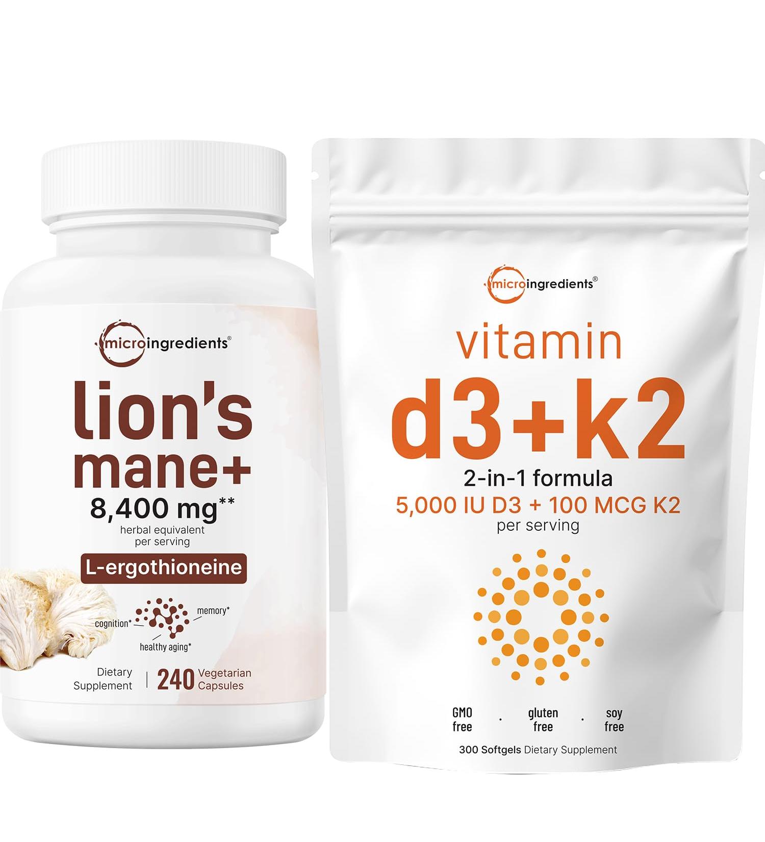 Micro Ingredients Vitamin D3 5 000iu + K2 100mcg Softgels & Lions Mane Supplement 240 Veggie Capsules Bundle 2 Pack | Essential Sunshine Vitamins | Superfood Mushroom Antioxidants with L-Ergothioneine - Buy Online on GoSupps.com