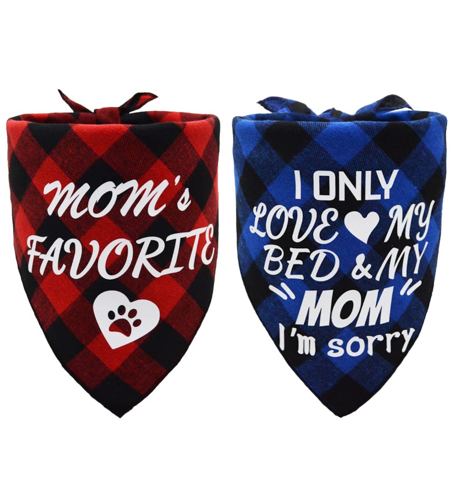 Mother's Day Dog Bandana Set - Plaid Triangle Scarf with Mom's Favorite and I Only Love My Bed Patterns in Red & Blue - Buy Online on GoSupps.com