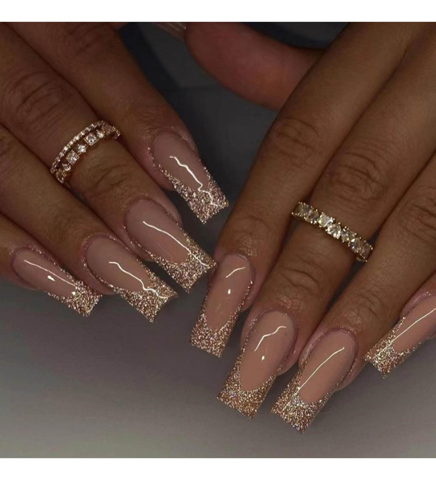 Kamize Coffin Press On Fake Shiny Nails - 24PCS Acrylic Gold False Nude Nails for Women and Girls - Style4 - Buy Online on GoSupps.com