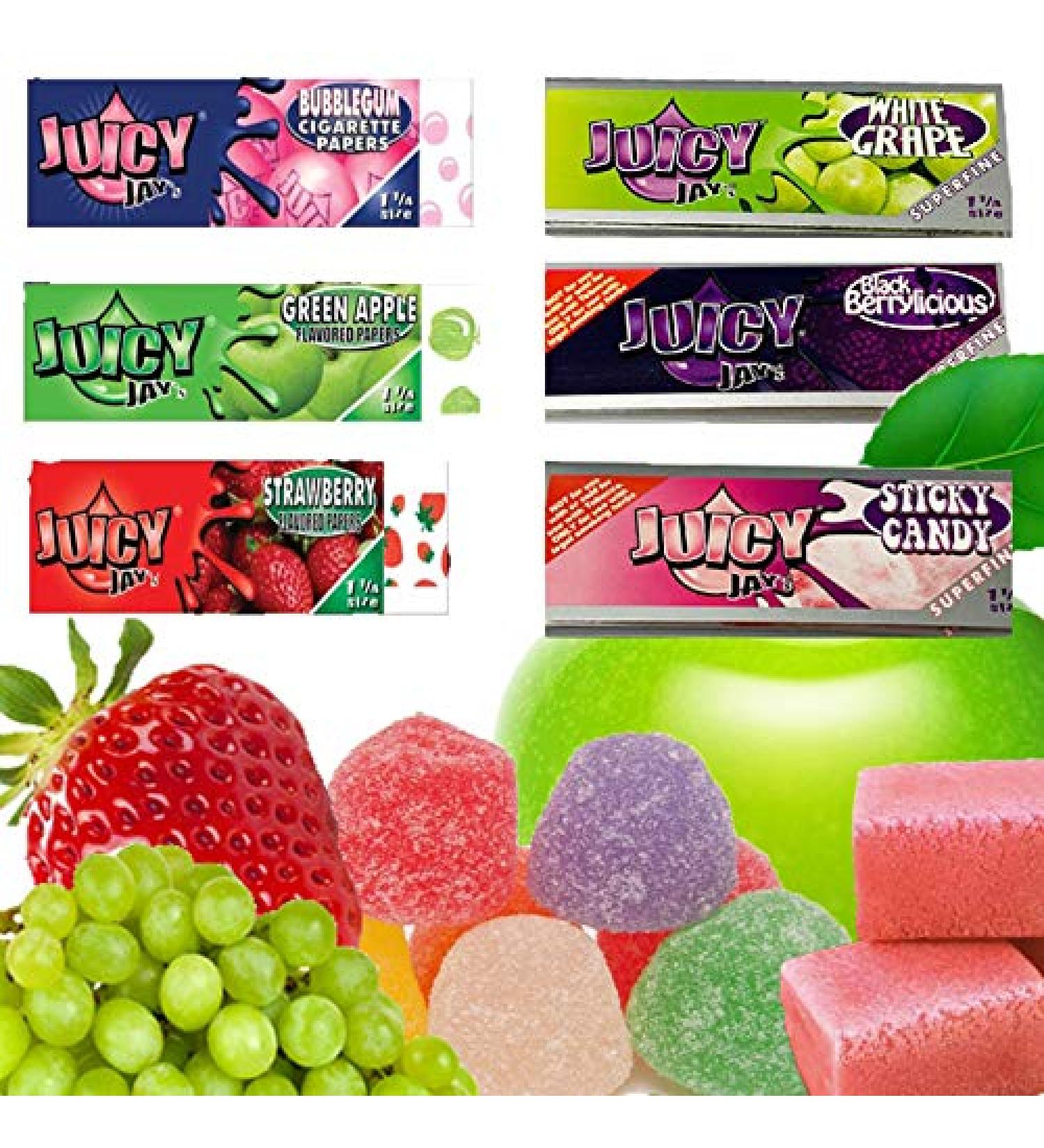 Bundle Pack Juicy Jay's Flavoured Rolling Papers - Sticky Candy White Grape Strawberry Green Apple Black Berrylicious Bubblegum - 1 Pack Each - 6 Packs Total
