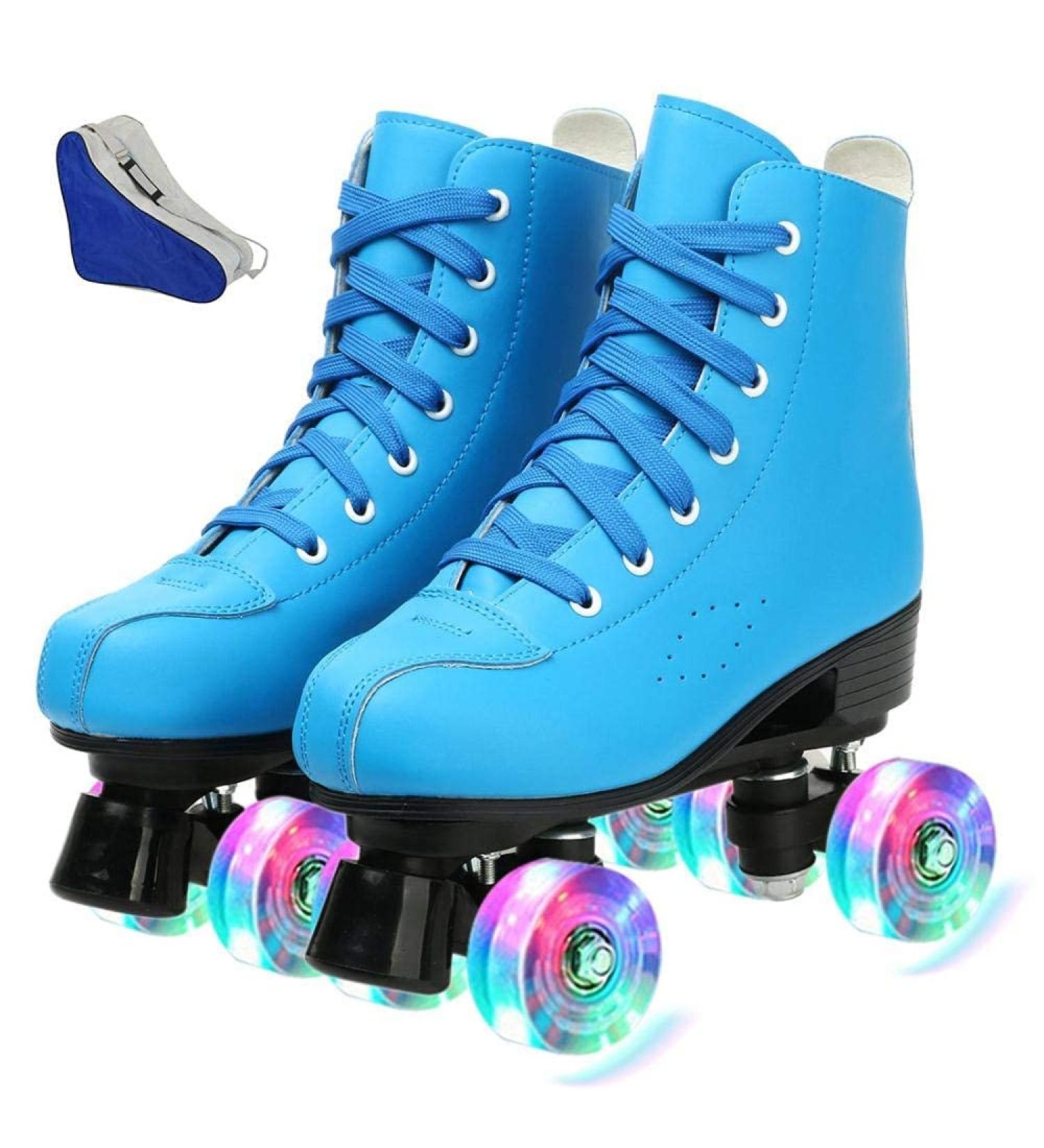 XUDREZ Double Row Roller Skates Adjustable Leather High-top - Blue Flash, Women's 12 / Men's 10.5 - Buy Online on GoSupps.com