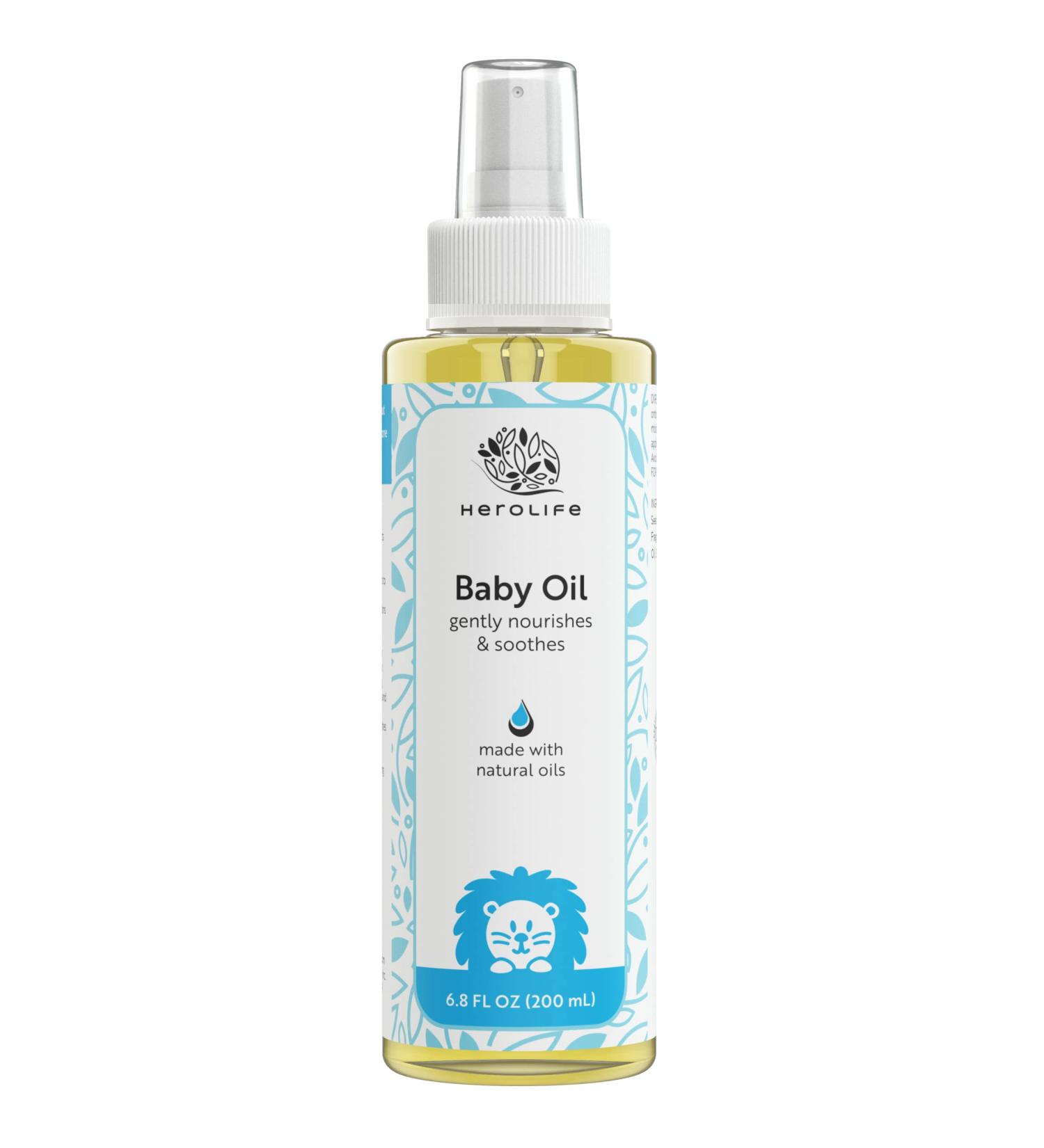 Herolife Natural Baby Oil - Plant-Based & Lightweight Formula | pH Balanced & Hypoallergenic with Almond Oils - 6.8 Fl Oz - Buy Online on GoSupps.com