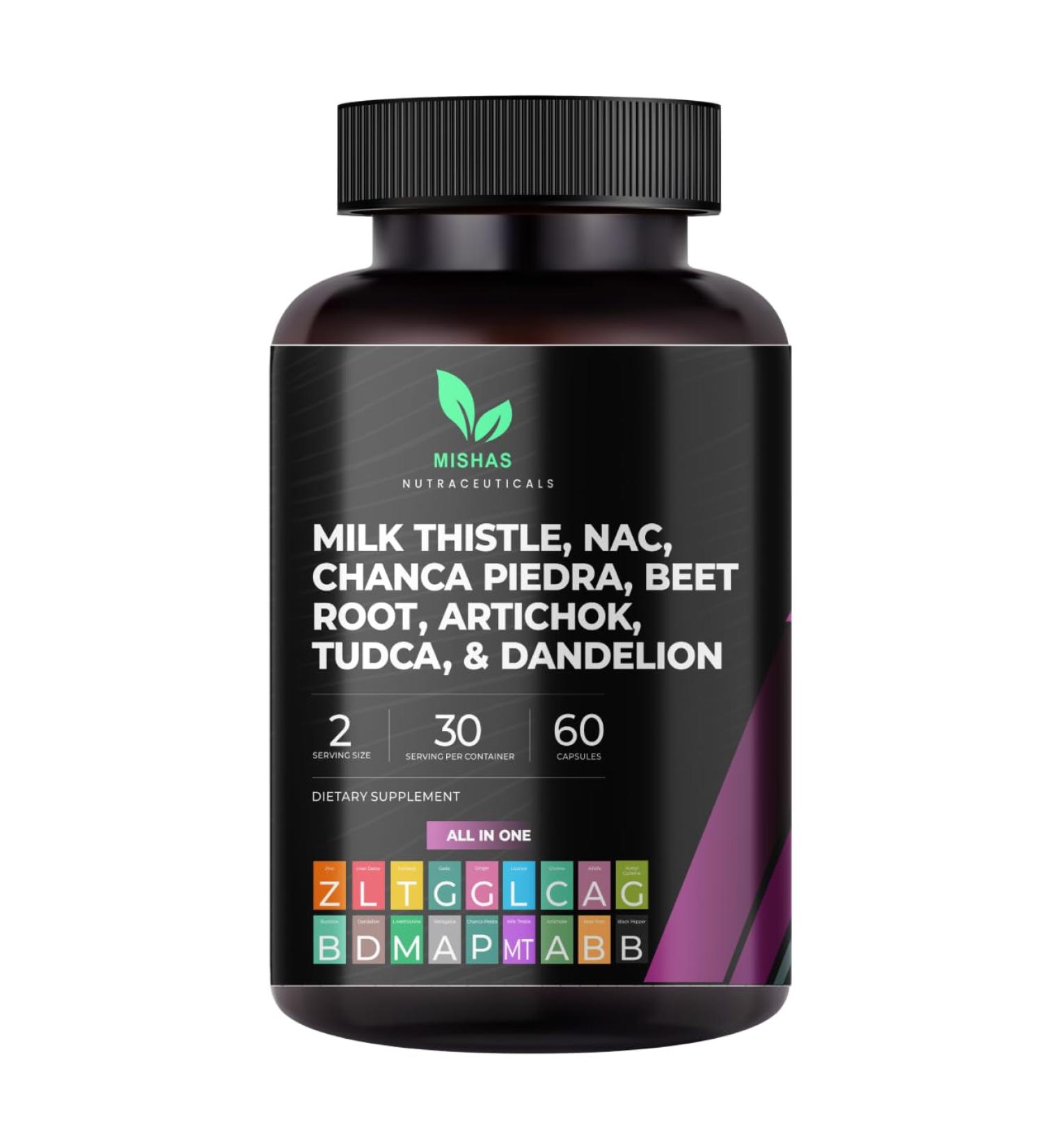 Mishas Nutraceuticals Milk Thistle Dandelion Root NAC and TUDCA Supplement Supports Liver Health Liver Cleanse Detox Kidney and Respiratory Health & Digestion System 60 Vegan Capsules - Buy Online on GoSupps.com