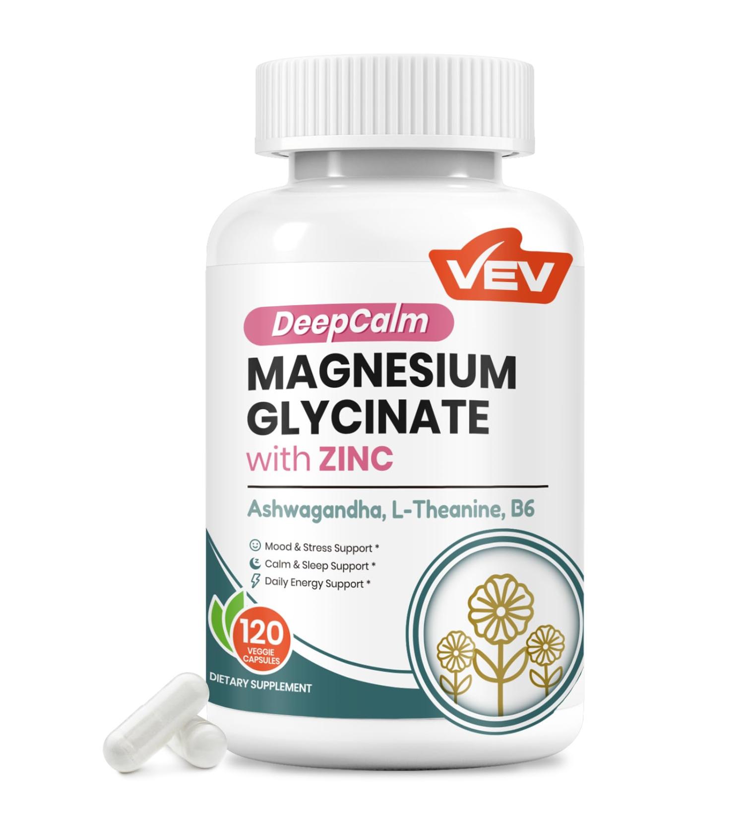 VEV DeepCalm Magnesium Glycinate and Zinc Supplement with Vitamin B6 Ashwagandha & L-Theanine Cortisol Supplements for Daily Balance 120 Vegan Capsules 120 Count (Pack of 1) - Buy Online on GoSupps.com
