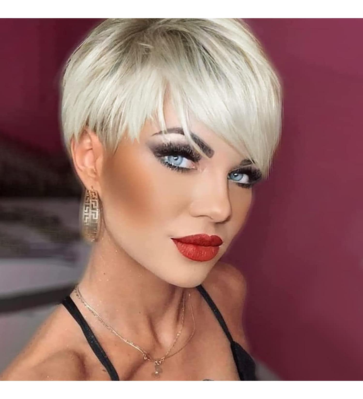 Creamily Short Blonde Wig for Women - Natural Layered Straight Synthetic Hair with Bangs - Buy Online on GoSupps.com