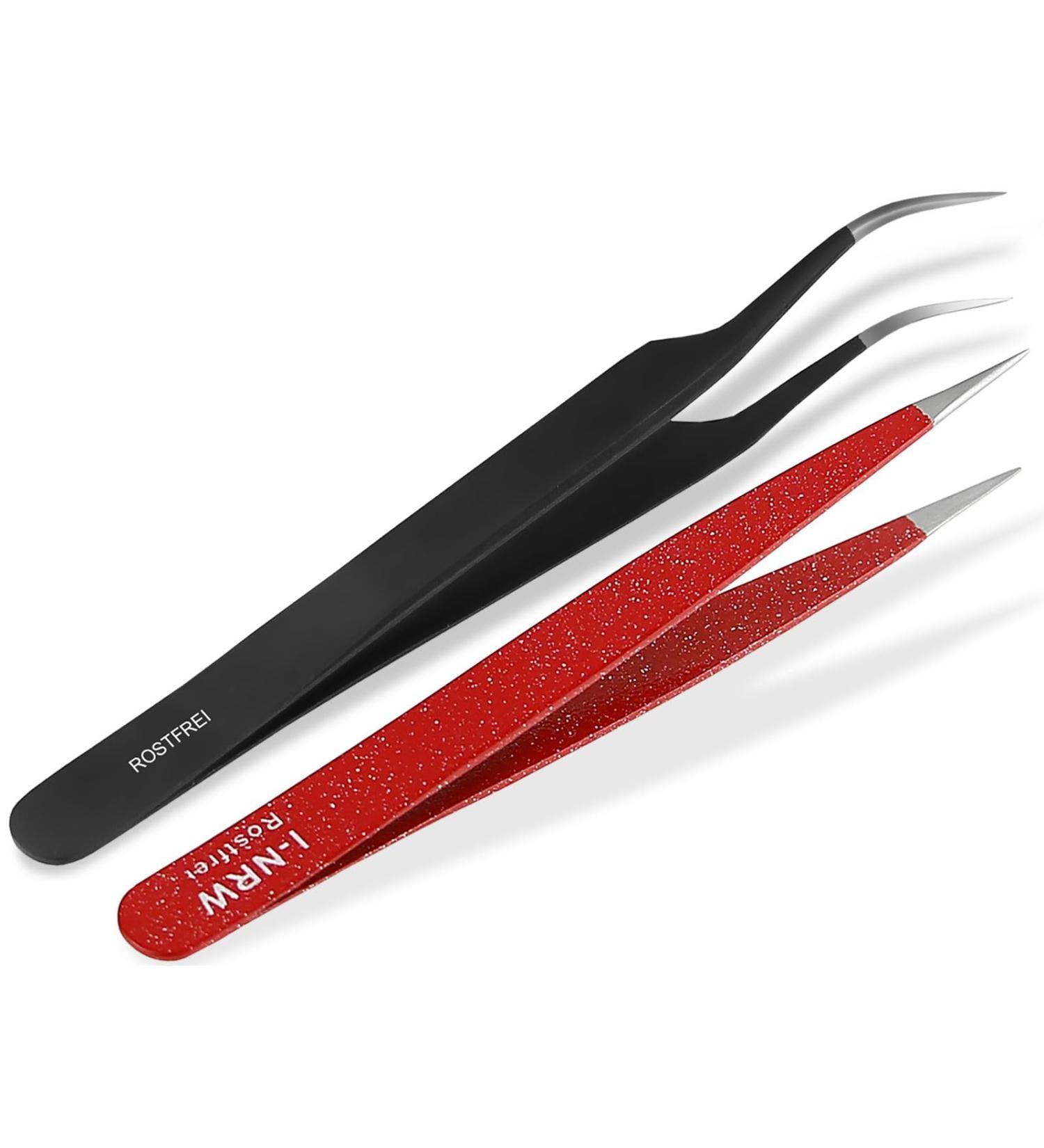 Premium Stainless Steel Plucking Tweezers Set Pointed Splinter Tweezers in Red & Black for Hair Removal | International Shipping Available - Buy Online on GoSupps.com