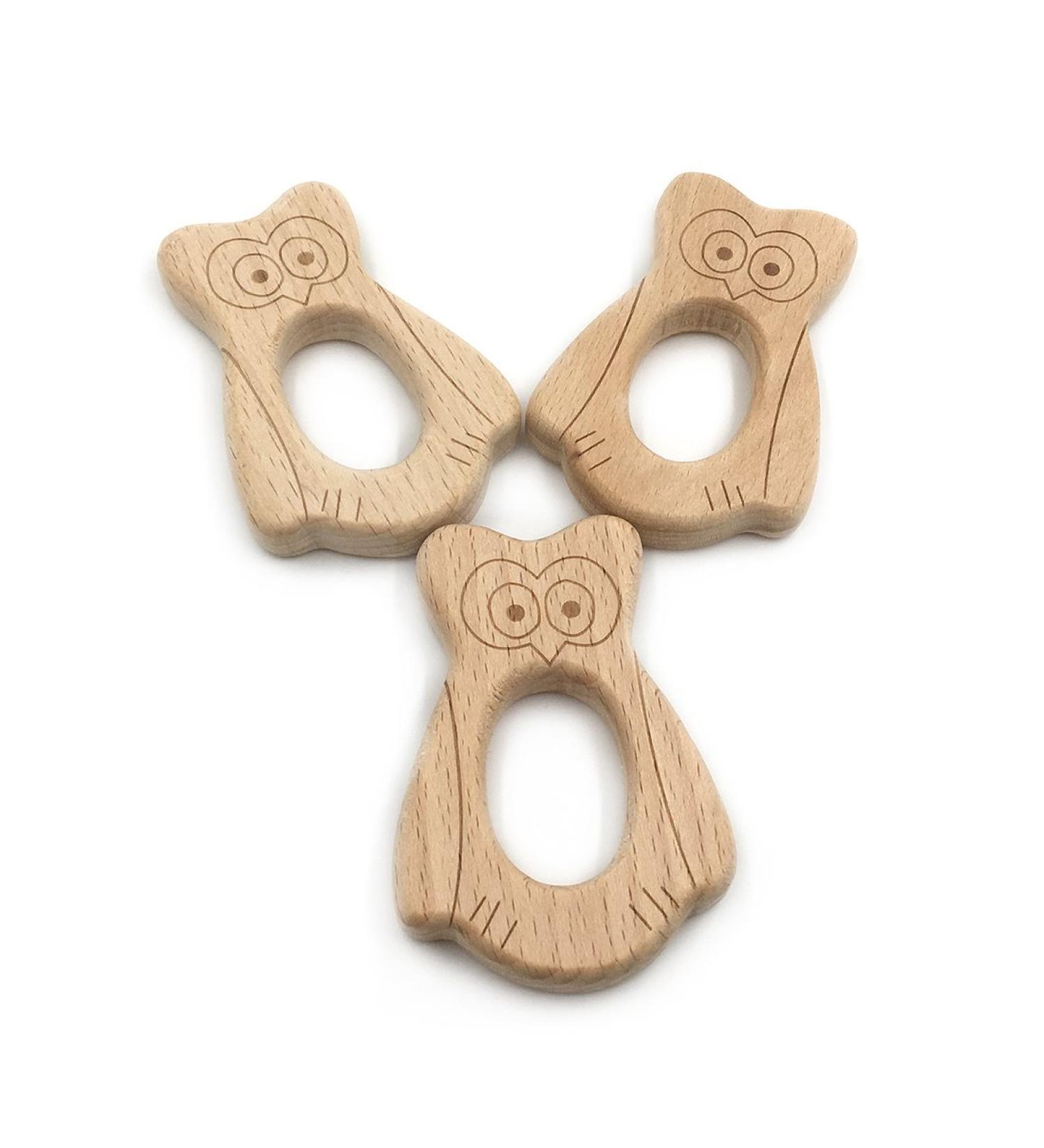 Wendysun 3pcs Cute Cartoon Owl Shape Wood Teether Set - Natural Beech Teething Toy for Babies - DIY Pendant Nursing Toy - Buy Online on GoSupps.com