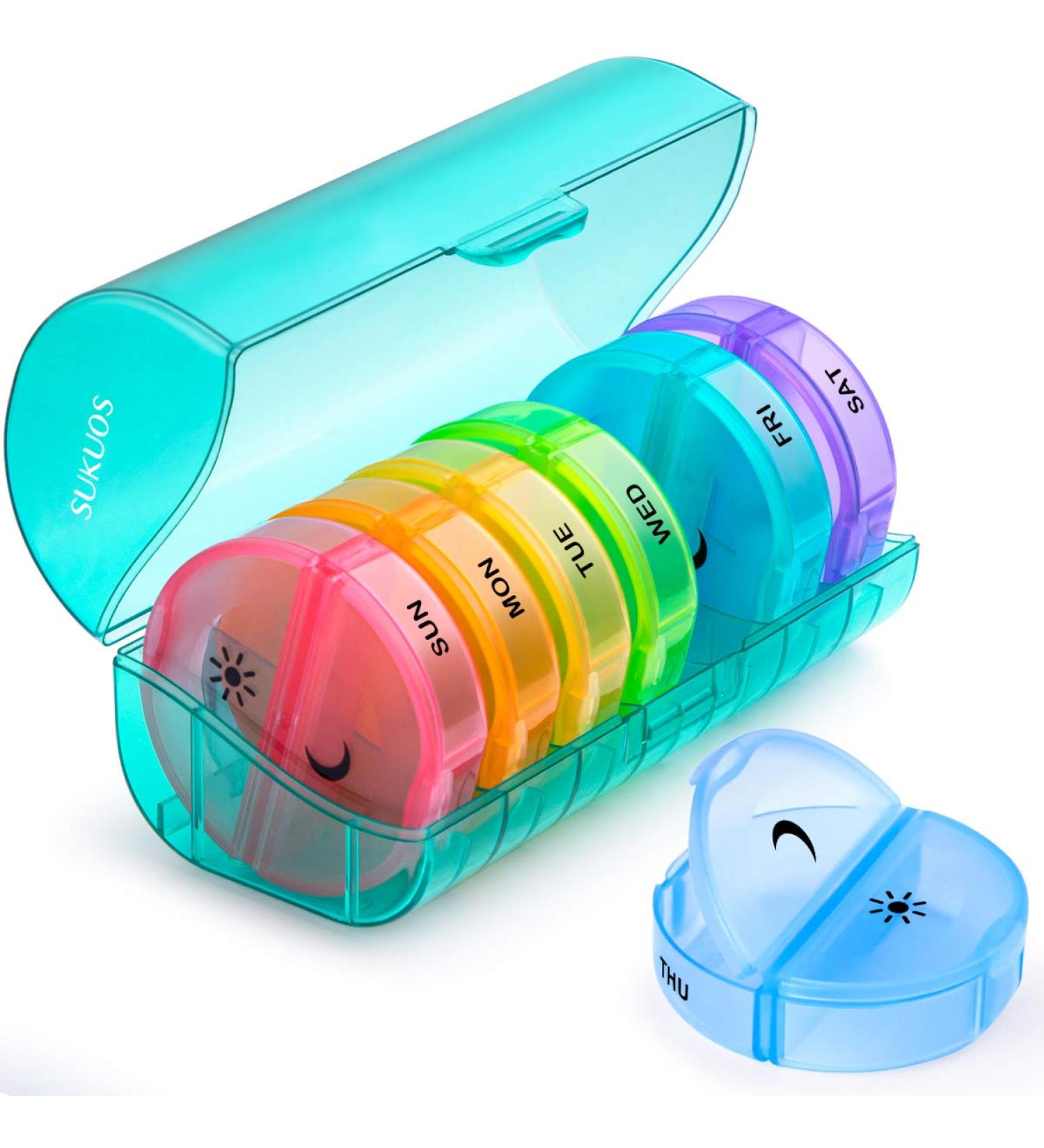 Sukuos Weekly Pill Organizer 2 Times a Day - Large Daily Pill Case for Vitamins and Supplements - Cyan Box - Buy Online on GoSupps.com