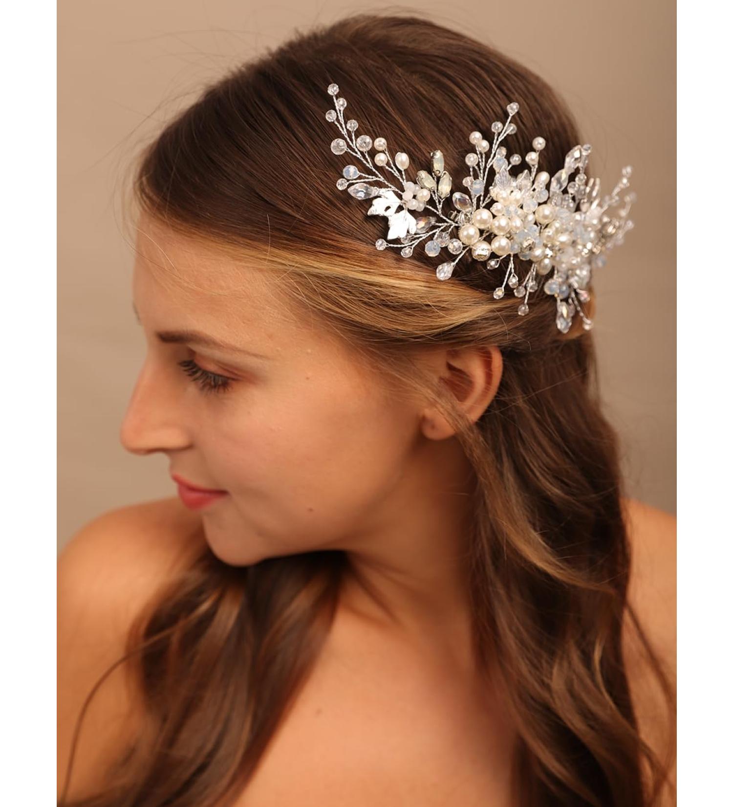 BERYUAN Women Pearls Rhinestone Flower Beads Wedding Hair Comb Opal Rhinestone Pearls Silver Leaf Bride Headband Silver Wedding Hair Accessories for Bride Bridesmaid Girls - Buy Online on GoSupps.com