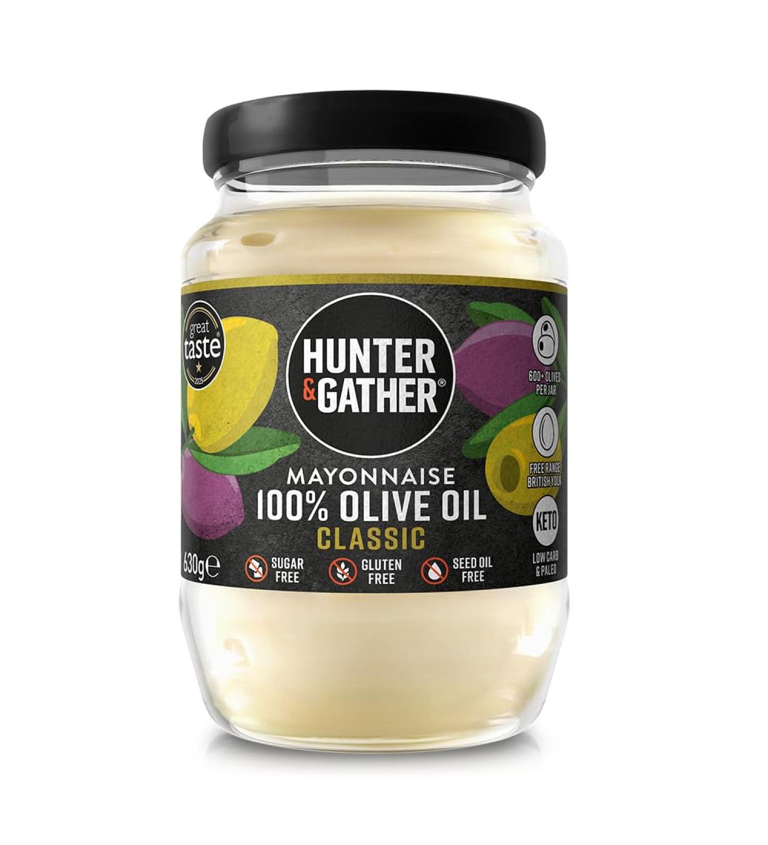 Hunter & Gather Mayonnaise l'Huile d'Olive 630g | Fabriqu du d' uf pasteuris de poules britanniques lev es en plein air | Mayonnaise pal o c to sans sucre et sans gluten Classique 630 g - Buy Online on GoSupps.com