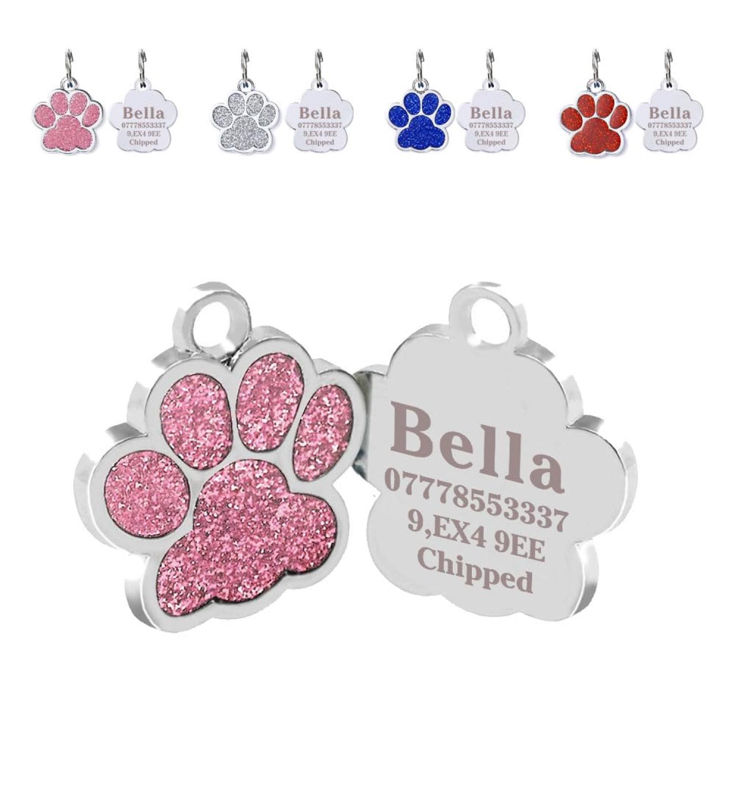 Personalised Cat Tags | Dog Tags for Pets Engraved UK | Pet ID Tags for Dogs & Cats | Glitter Paw Print Stainless Steel Cat Name Tag | Doggy Cat Kitten Kitty Puppy Tag | 4 Colours 25mm (Pink) - Buy Online on GoSupps.com