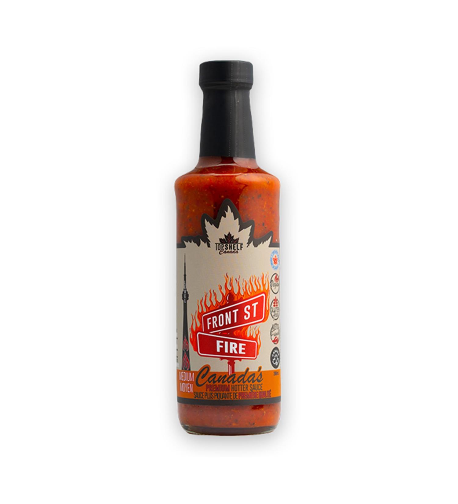 Front Street Fire Canada's Premium Gourmet Hot Sauce. Medium Heat with Chipotle & Fire Roasted Red Peppers. BBQ Sauce Wing Sauce Taco Sauce Gluten Free Condiment Vegan & Keto Friendly. (296 mL) - Buy Online on GoSupps.com