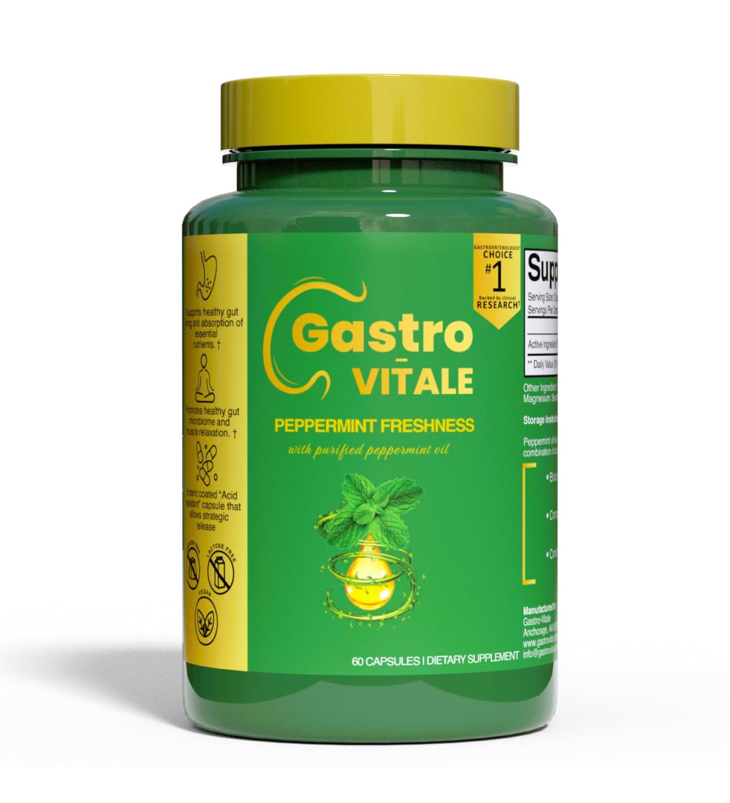Gastro-Vitale Peppermint Oil for Bloating Gas GLP-1 Digestive Support - Gut Health & Abdominal Comfort - Vegan Enteric-Coated Capsules - 60 Count - Gelatin-Free Halal Alpha-Gal Safe - Buy Online on GoSupps.com