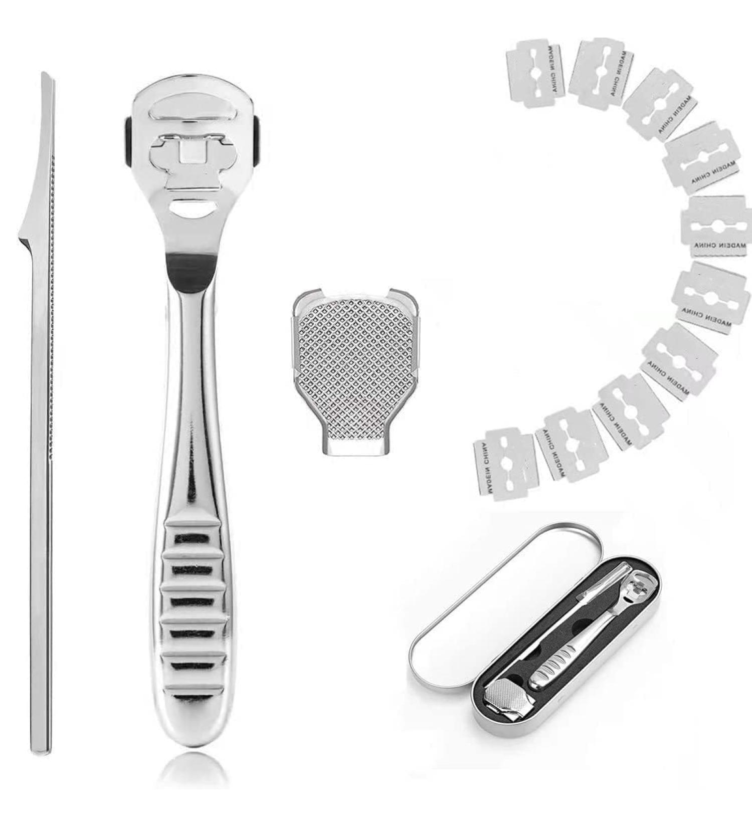 Stainless Steel Foot Scraper Set - Callus Shaver & Hard Skin Remover Pedicure Kit with 10 Replacement Blades - Buy Online on GoSupps.com