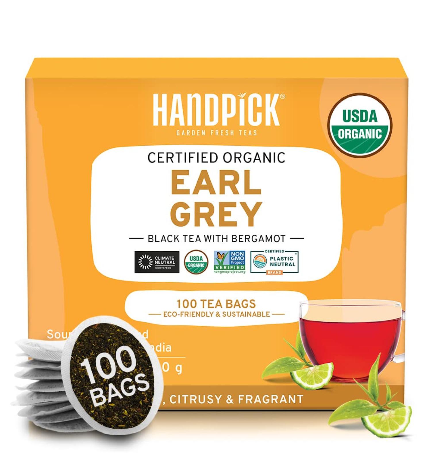 Handpicked Organic Earl Grey Black Tea Bags (100 Count) | USDA Organic | 100% Natural Bergamot Extract | Citrus Flavor | Hot/Iced Tea with or without Milk - Buy Online on GoSupps.com