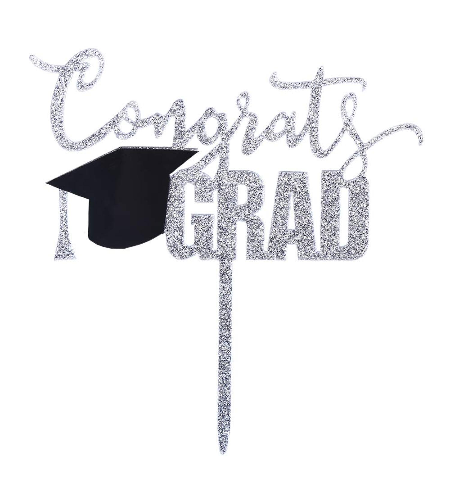 Topfunyy Congrats Grad Cake Topper Silver Acrylic Topper for Graduation/Grad Party Decorations - Buy Online on GoSupps.com