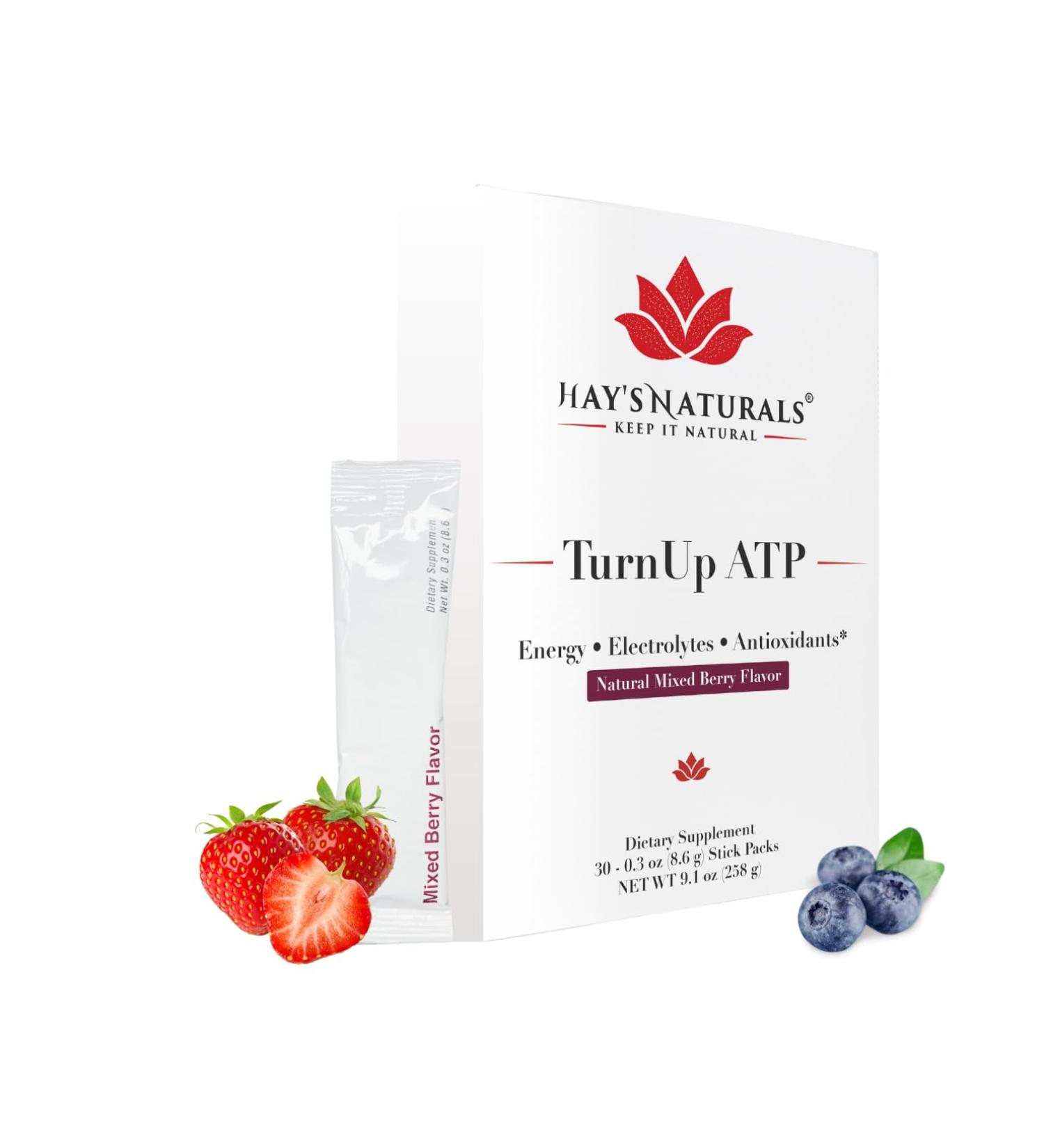 Buy Hay's Naturals Turn Up ATP - Sugar-Free Energy Drink Mix | 30 Packets | Pure ATP B-Vitamins Electrolytes | Boost Metabolism & Muscle Recovery | Mixed Berry Flavor - Buy Online on GoSupps.com