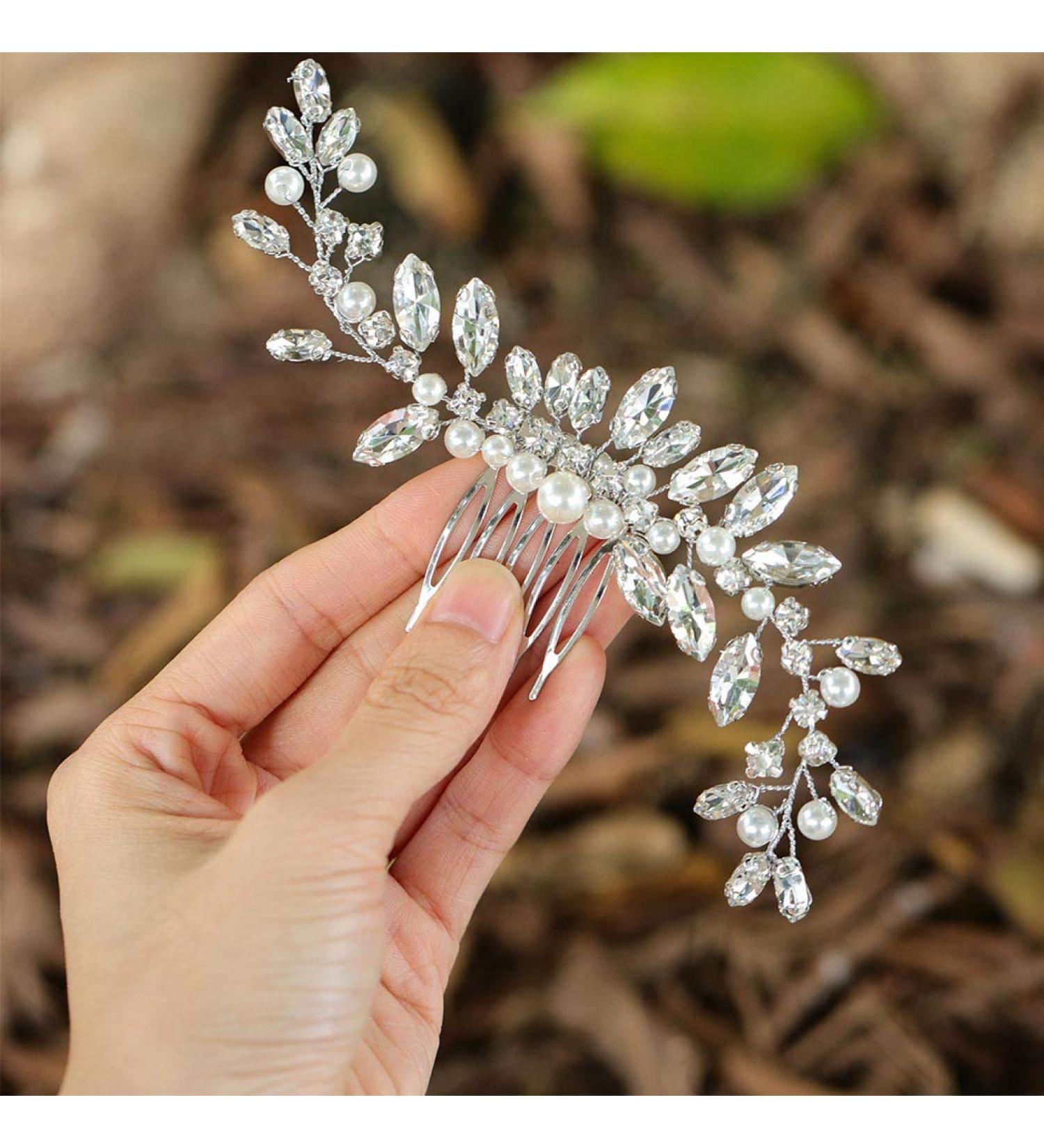 Brishow Silver Pearl Crystal Bride Wedding Hair Comb - Rhinestone Bridal Hair Accessories for Women and Girls - Buy Online on GoSupps.com