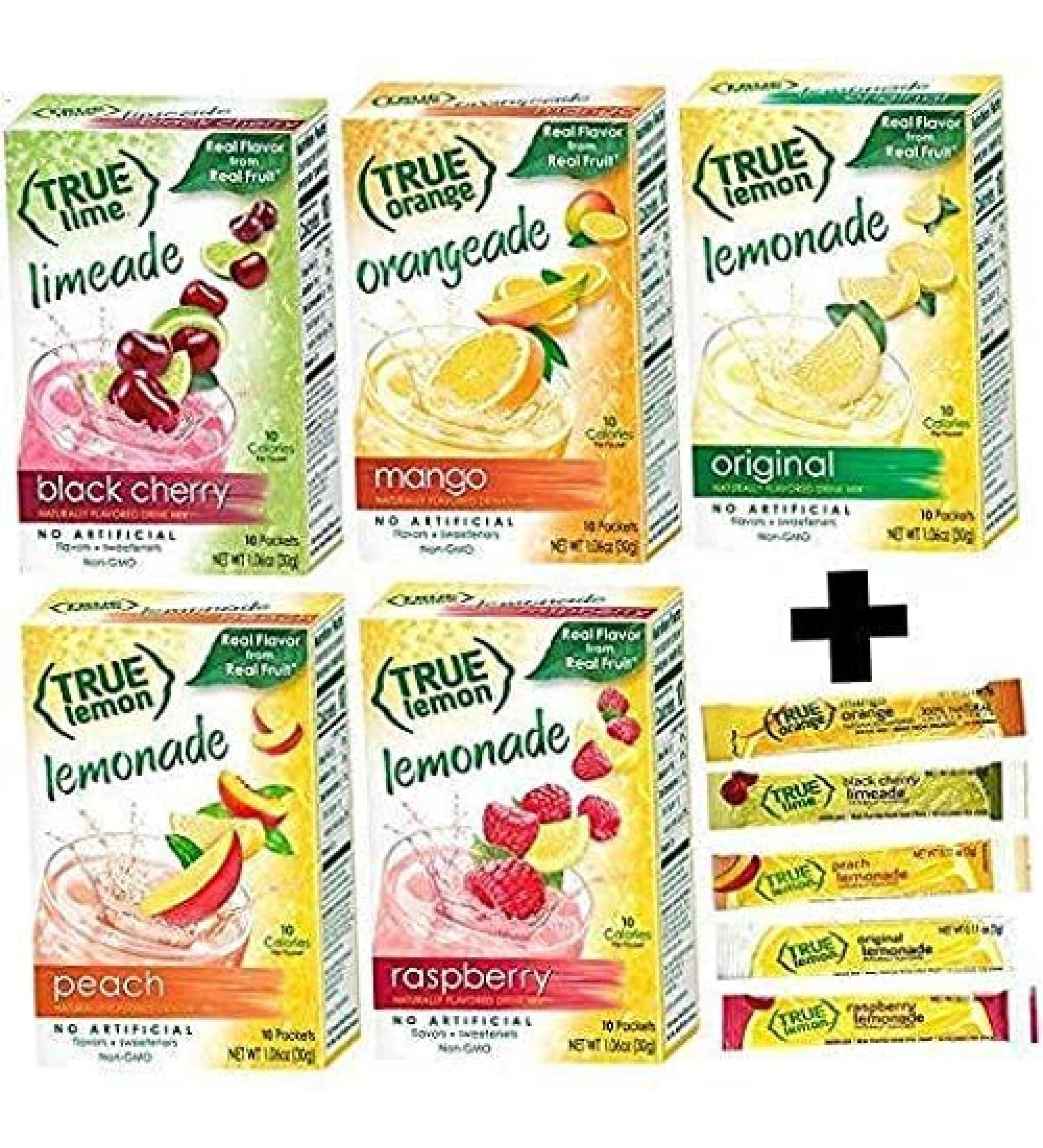 True Lemon Assorted Beverage Pack - 5 Boxes, 10ct Each with 5 Free Bonus Lemonade Sticks - Original, Peach, Black Cherry Limeade, Mango Orange, Raspberry Lemonade - 55 Count - Buy Online on GoSupps.com