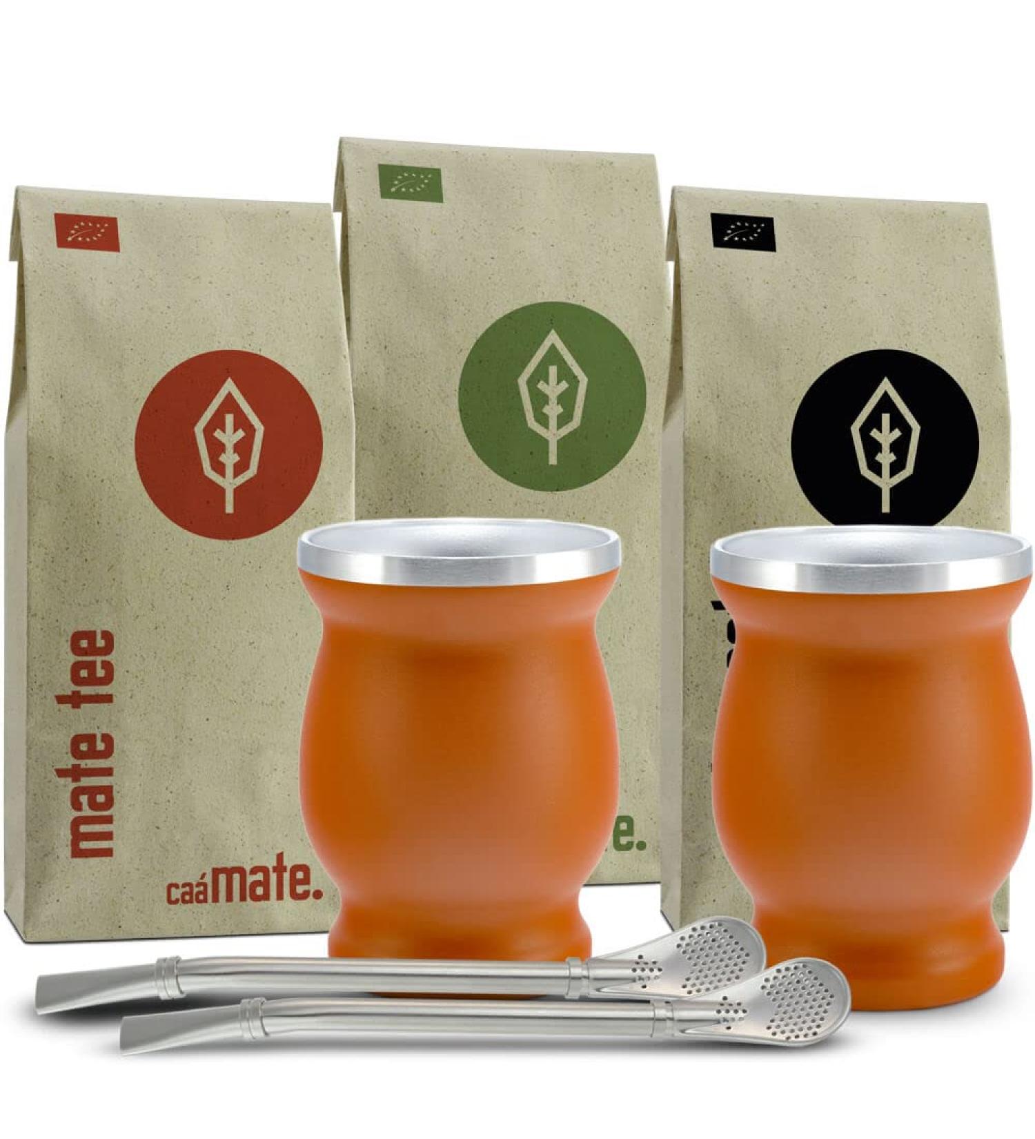 Organic Mate Tea Set | 3 Types of Mate 2 Double-Walled Stainless Steel Cups 2 Bombillas & Instructions - International Shipping - Buy Online on GoSupps.com