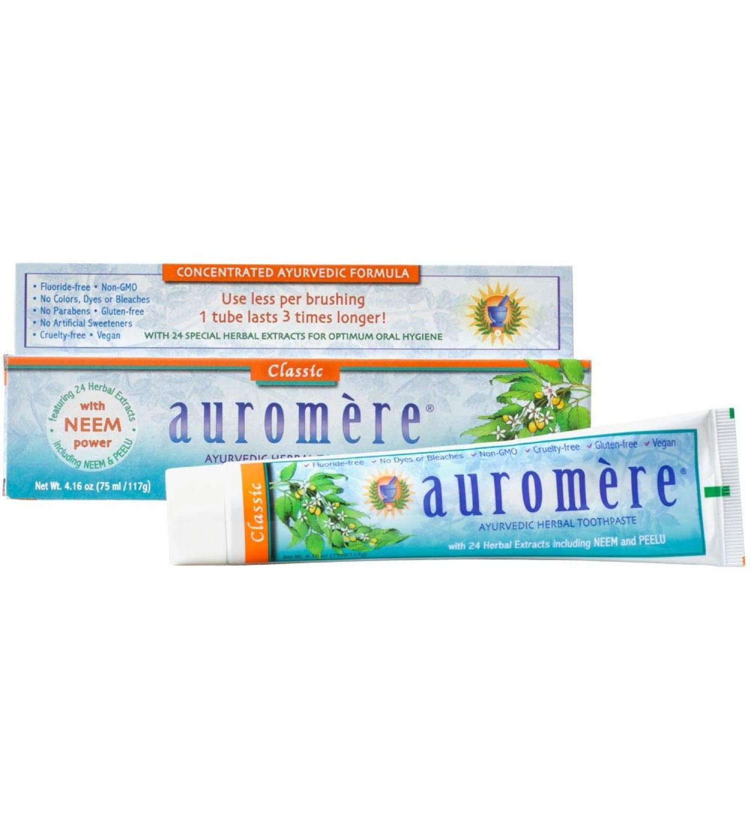 Auromere Ayurvedic Herbal Toothpaste Classic Licorice Flavour - Vegan Natural Non GMO Fluoride Free Gluten Free with Neem & Peelu (4.16 oz) 1 Pack - Buy Online on GoSupps.com