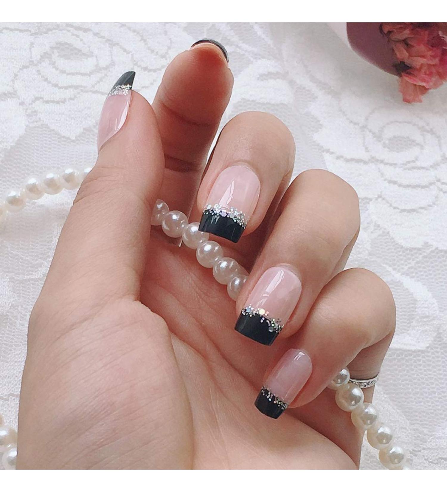 Shop French Fake Nail Set - Nude Nails with Black & Glitter | Medium Long Artificial Nails for Daily Wear - Buy Online on GoSupps.com