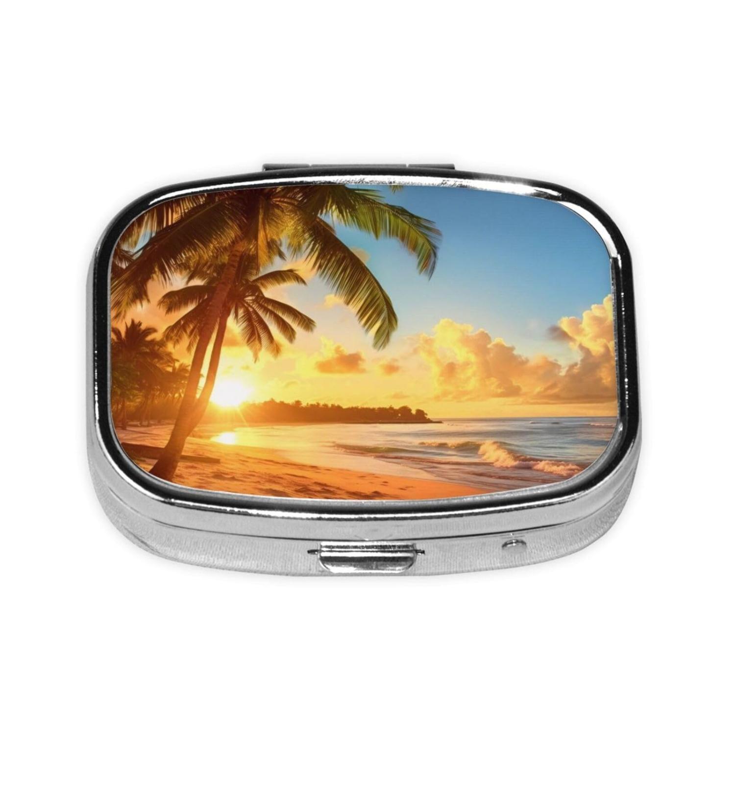 Sunset Hawaiian Palm Tree Compact Mini Pill Box | Travel-Friendly Lightweight Easy Open Design | Square-Shaped Full Frame Print - Buy Online on GoSupps.com