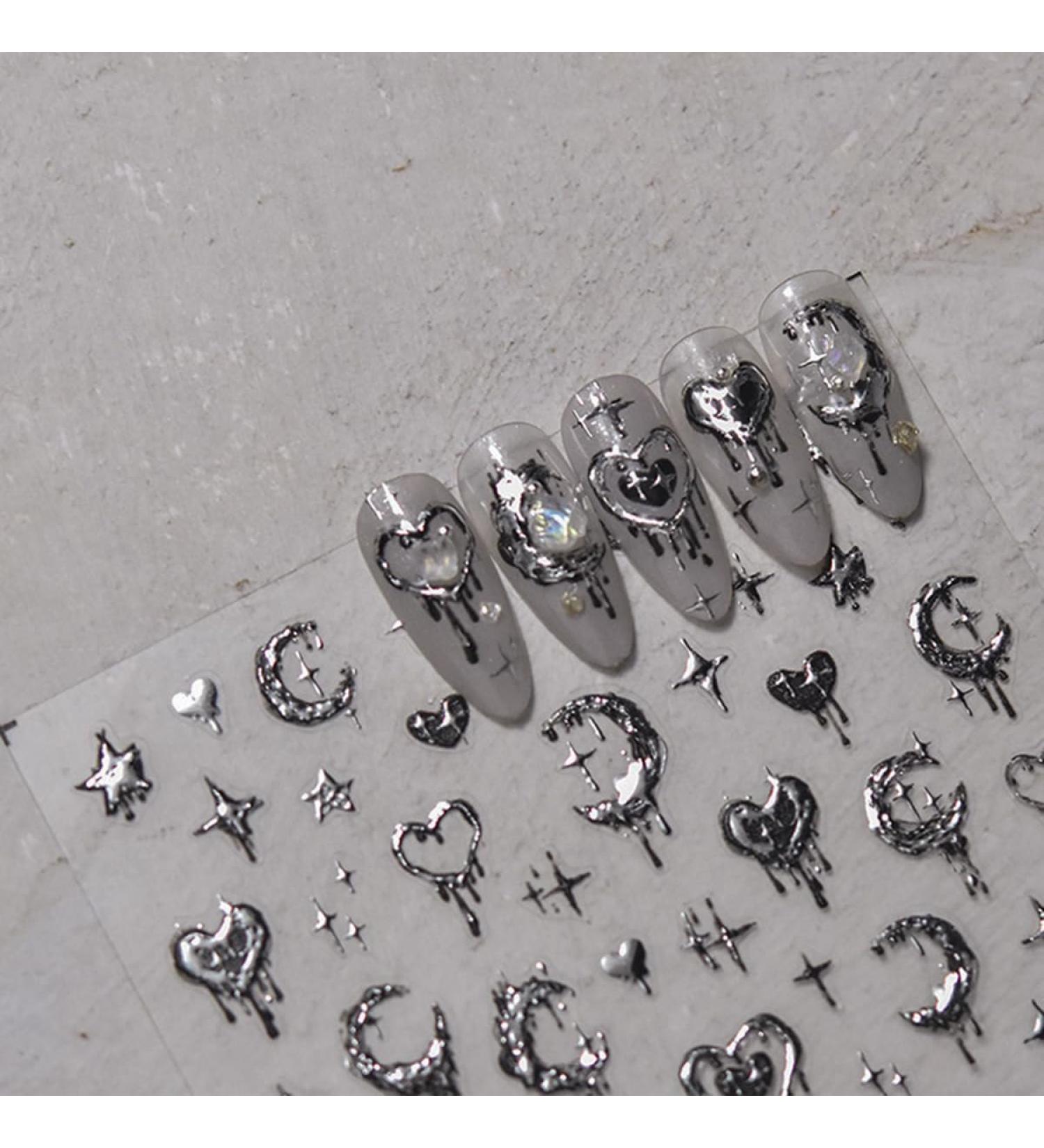 Silver Melted Heart Moon Stars 5D Acrylic Nail Art Stickers - Retro Design for Women | International Shipping Available - Buy Online on GoSupps.com