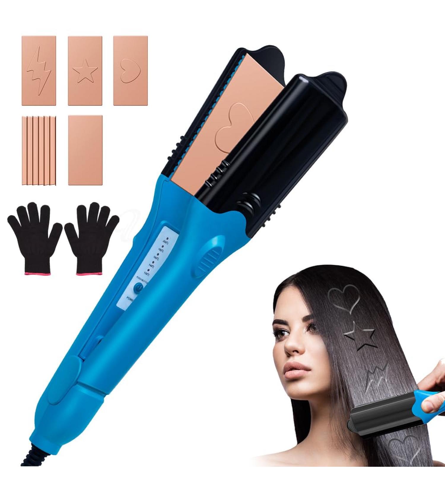 Hair Crimper & 3D Hair Stamper - 5 Interchangeable Plates for Festival Styles | Keratin & Argan Oil Infused Crimping Iron - Buy Online on GoSupps.com